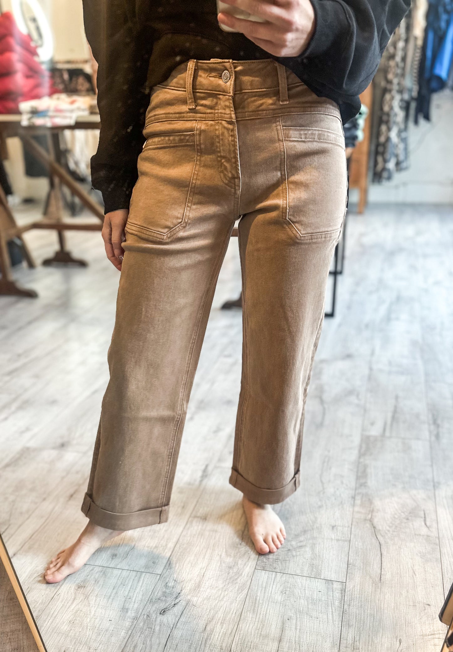 High Rise Tab Wide Denim in Warm Taupe by Flying Monkey