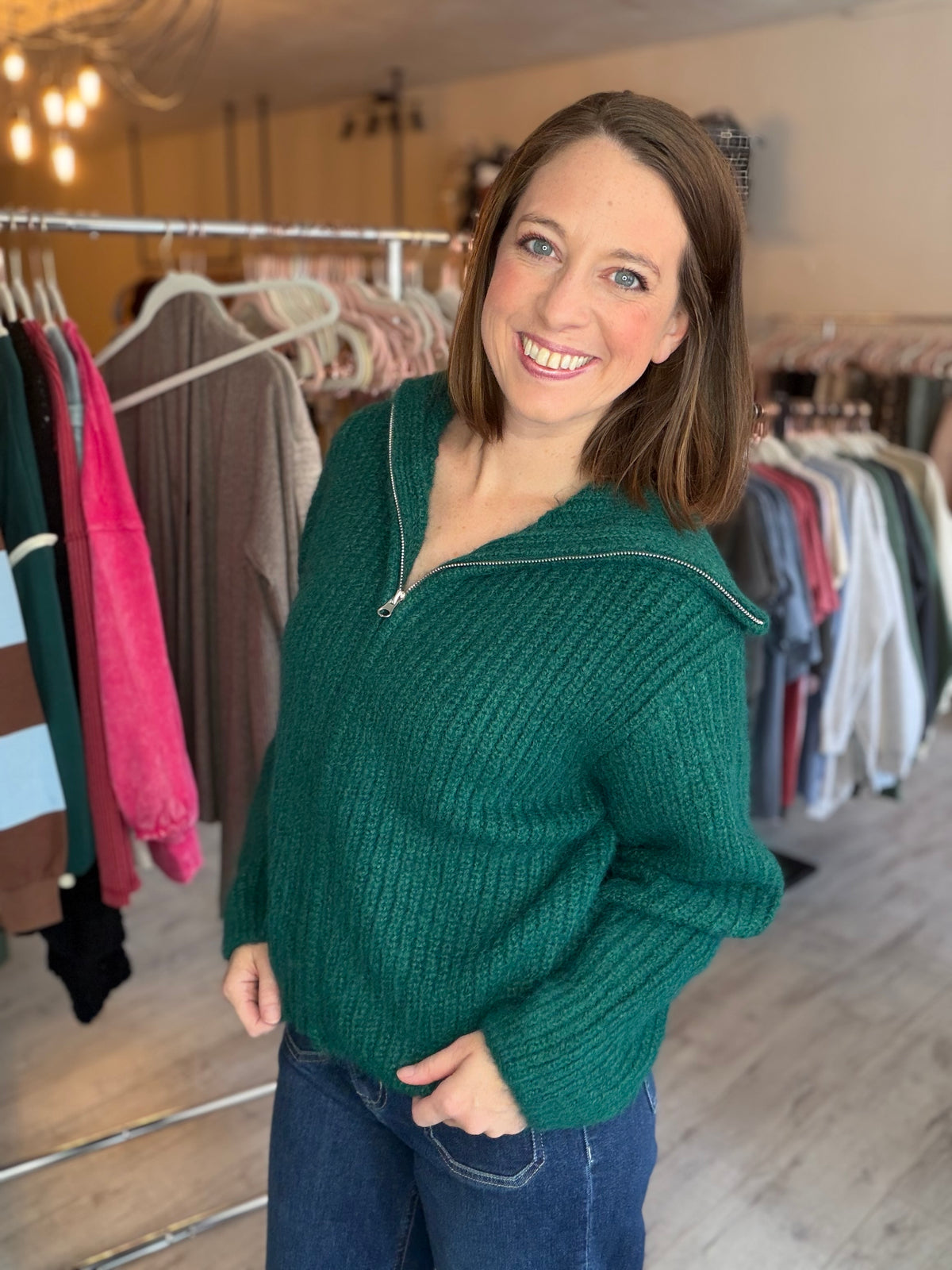 High Neck Knit Pullover in Dark Green