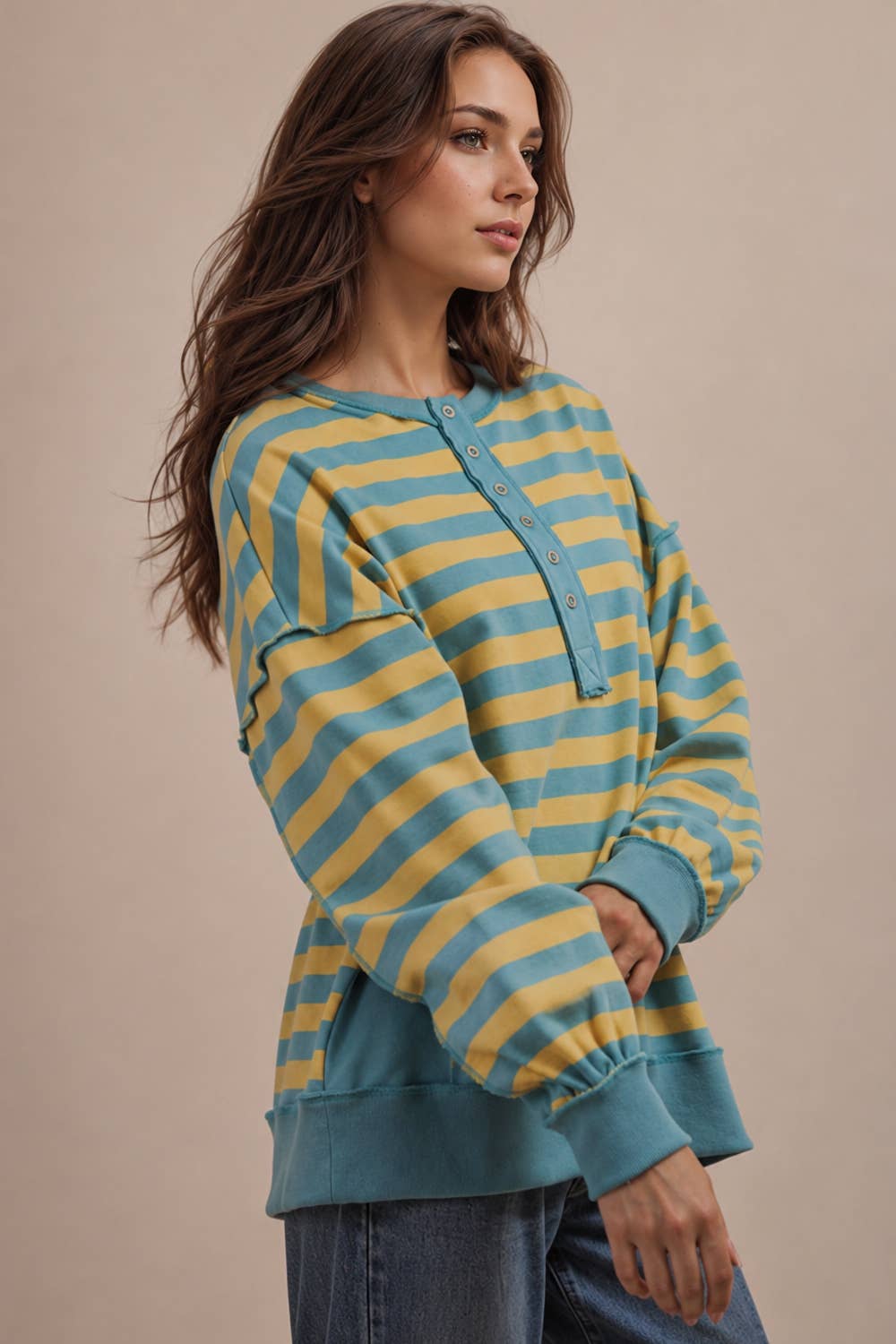 Oversized Striped Half Button Down Casual Knit Top