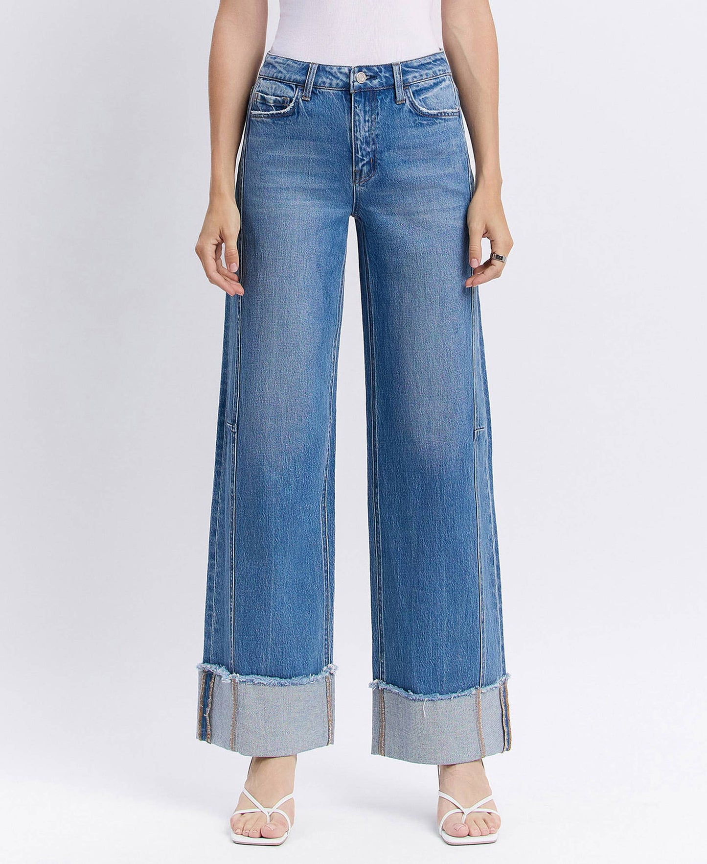 High Rise Cuffed Wide Leg Denim by Vervet with Detailed Seam