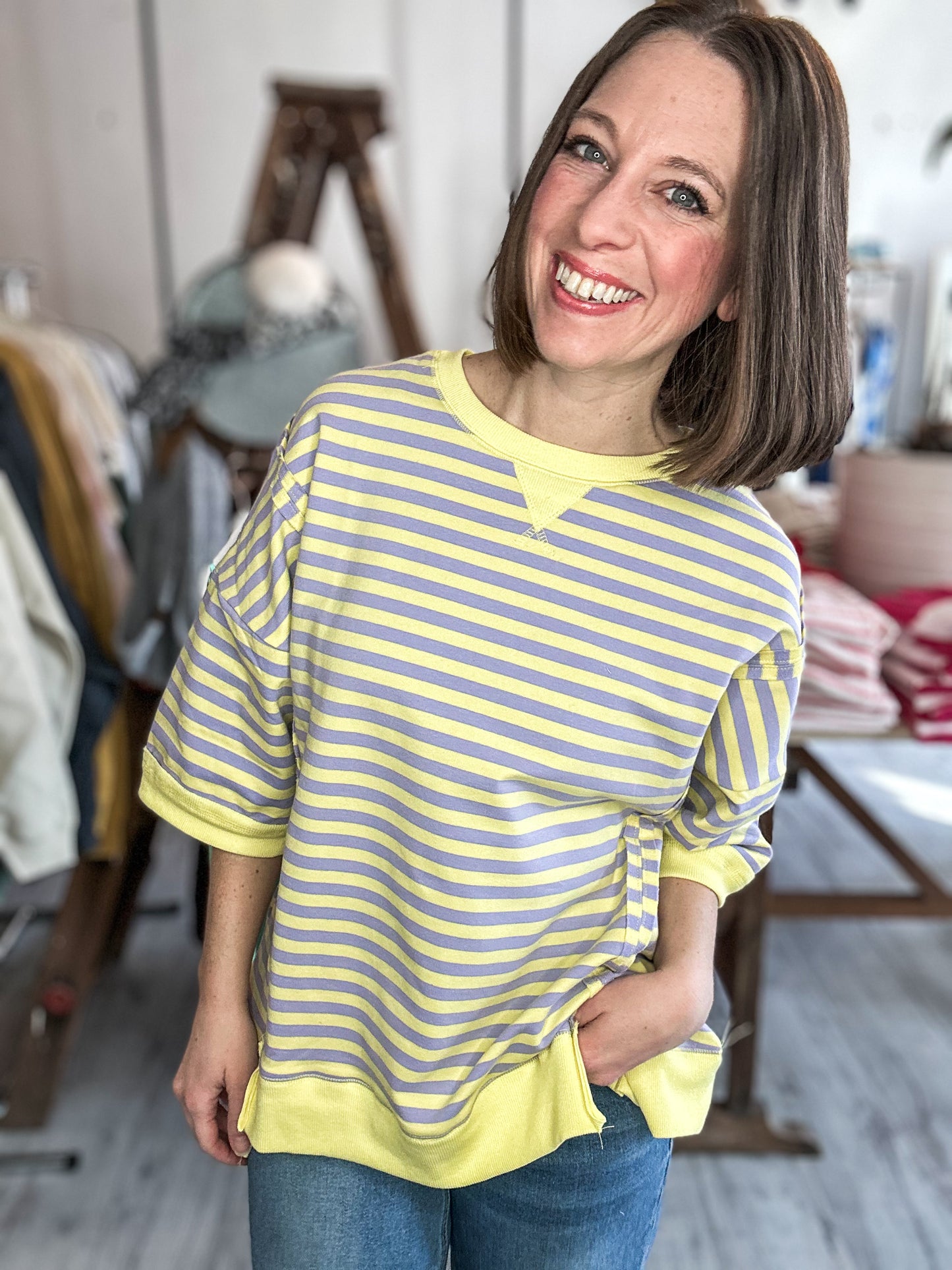 Oversized Stripe Casual Knit Top in Lavender & Lemon