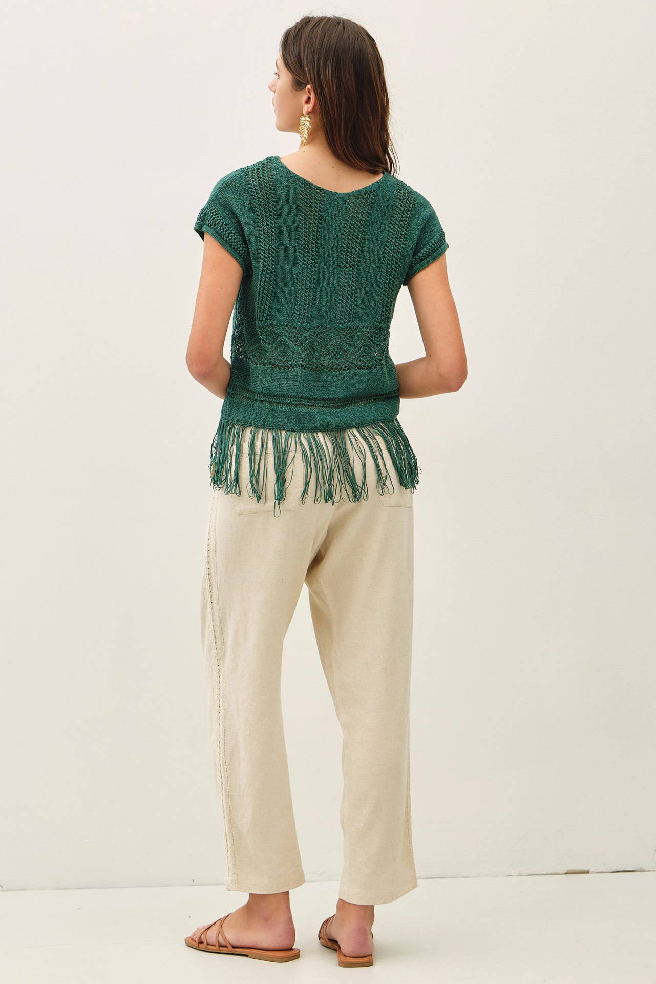 Fringed Crochet Sweater Top in Evergreen
