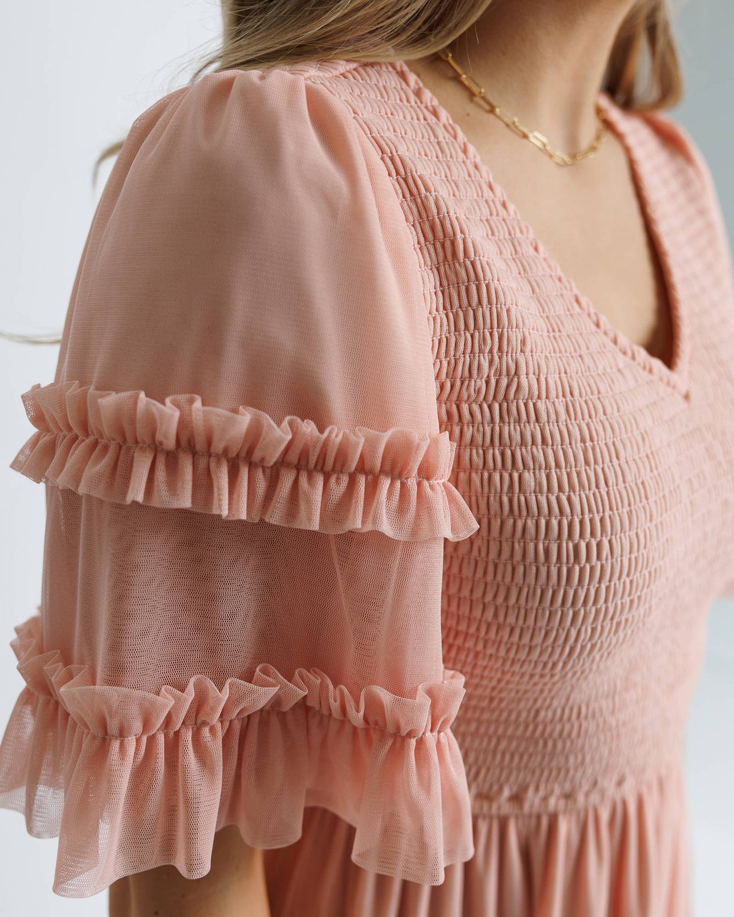 True Romance Peach Half Sleeve Tulle Midi Dress