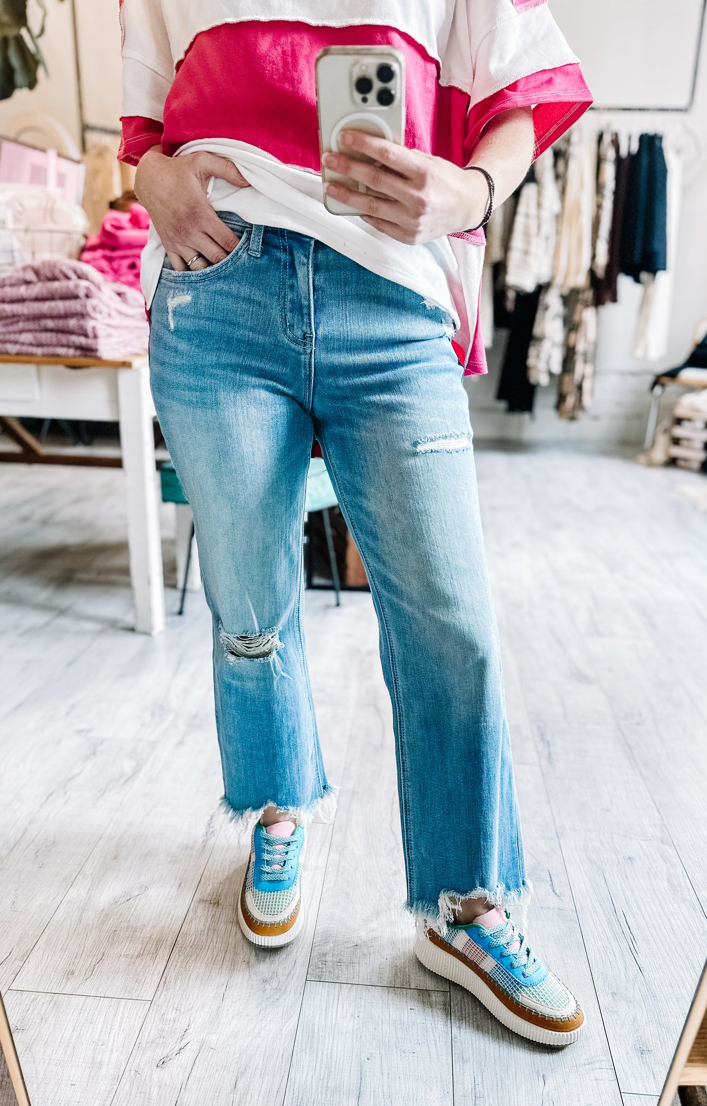 High Rise Distressed Crop Slim Wide Denim
