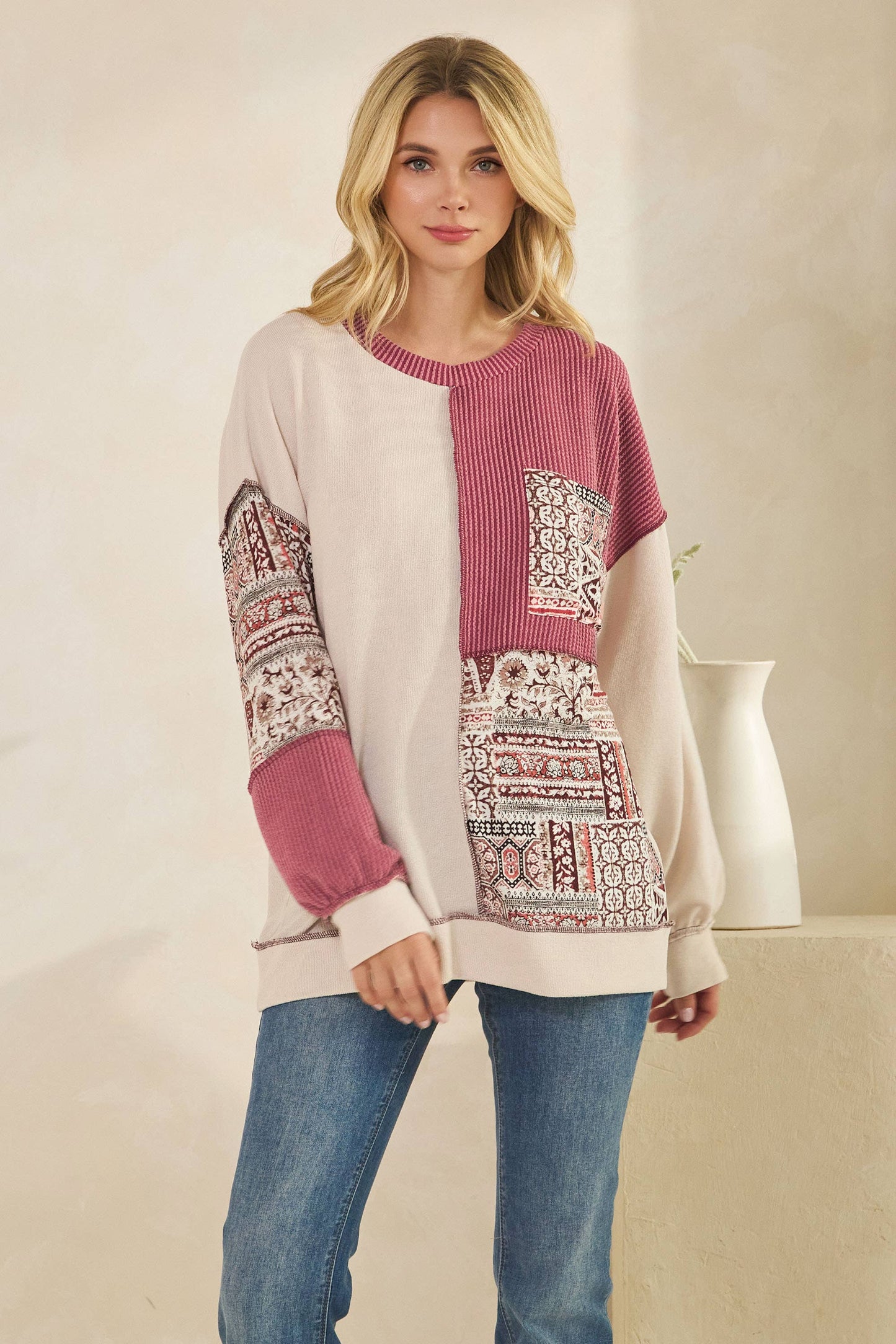 Patchwork Knit Long Sleeve Pullover Top in Burgundy or Olive
