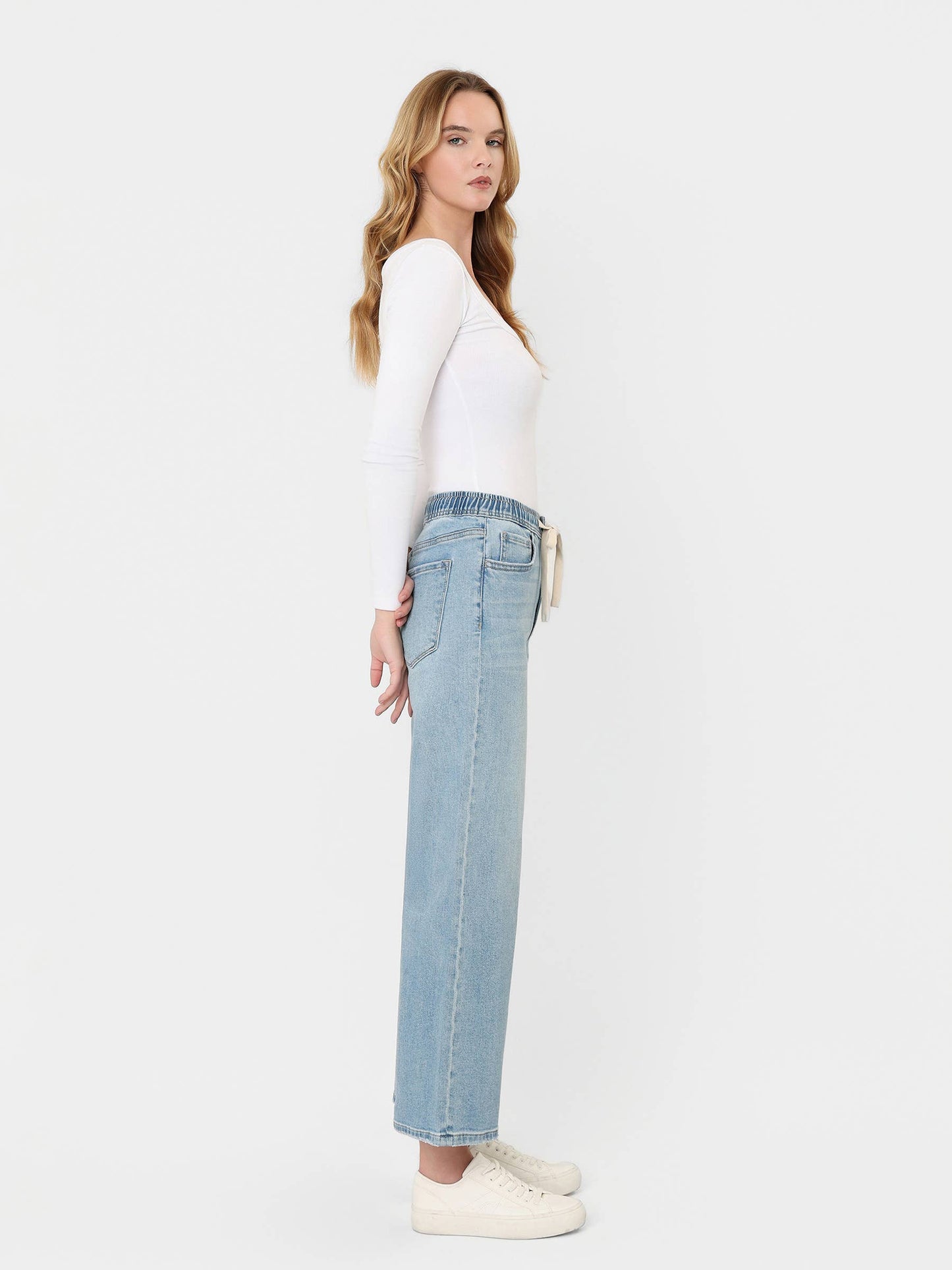 Super High Rise Elastic Crop Wide Denim by Lovervet