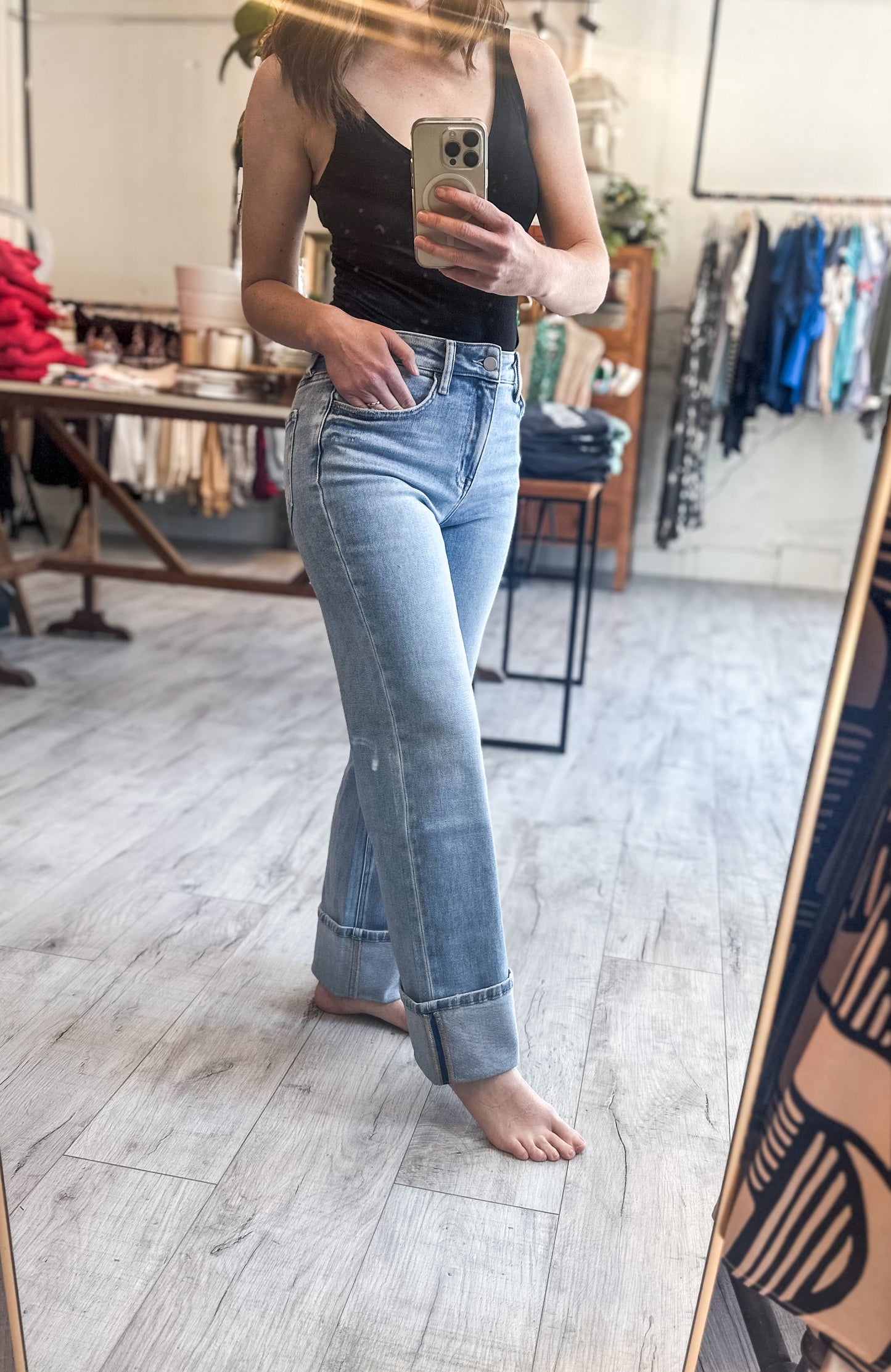 High Rise Medium Light Wash Cuffed Slim Wide Leg by Flying Monkey