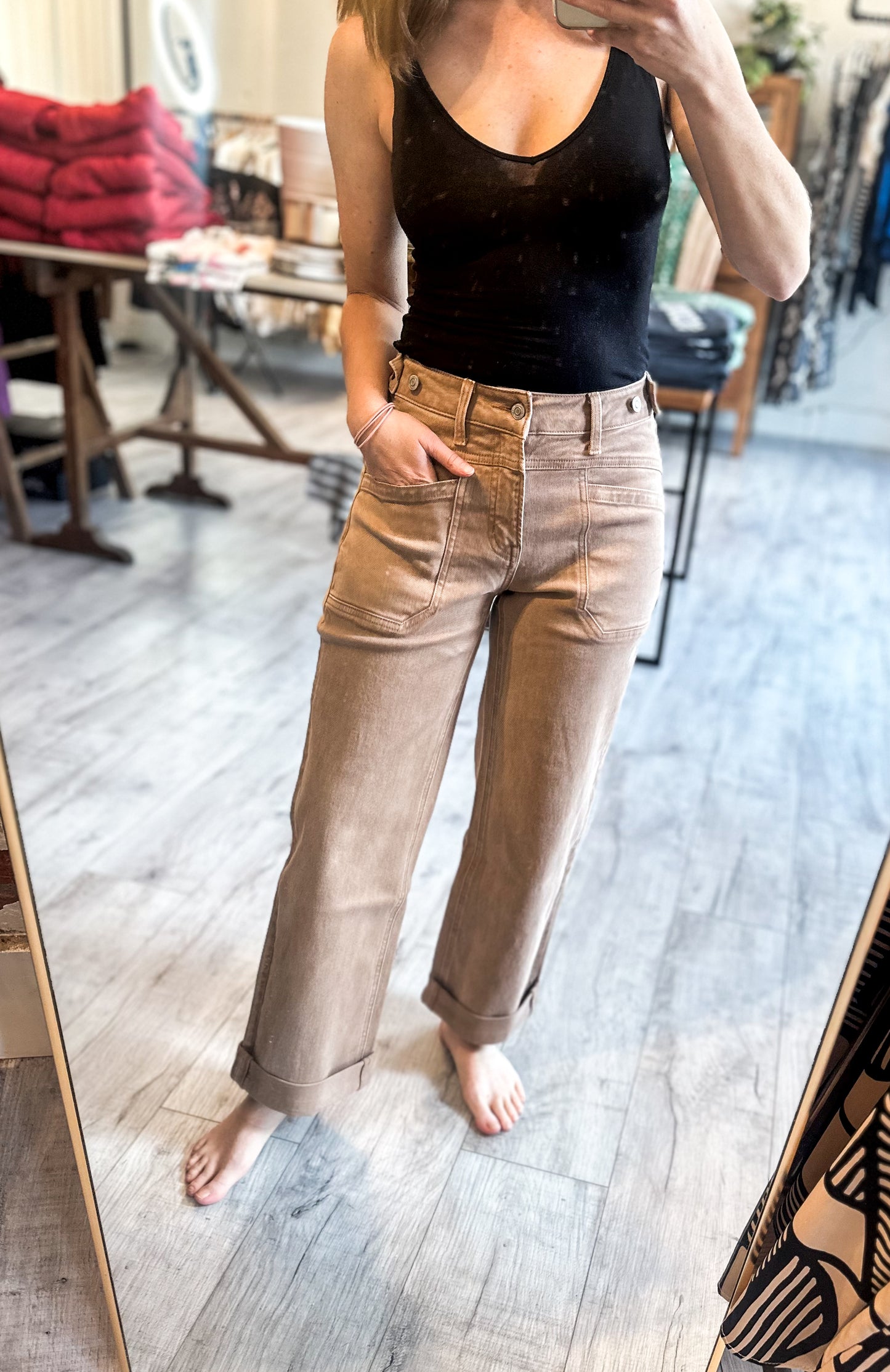 High Rise Tab Wide Denim in Warm Taupe by Flying Monkey