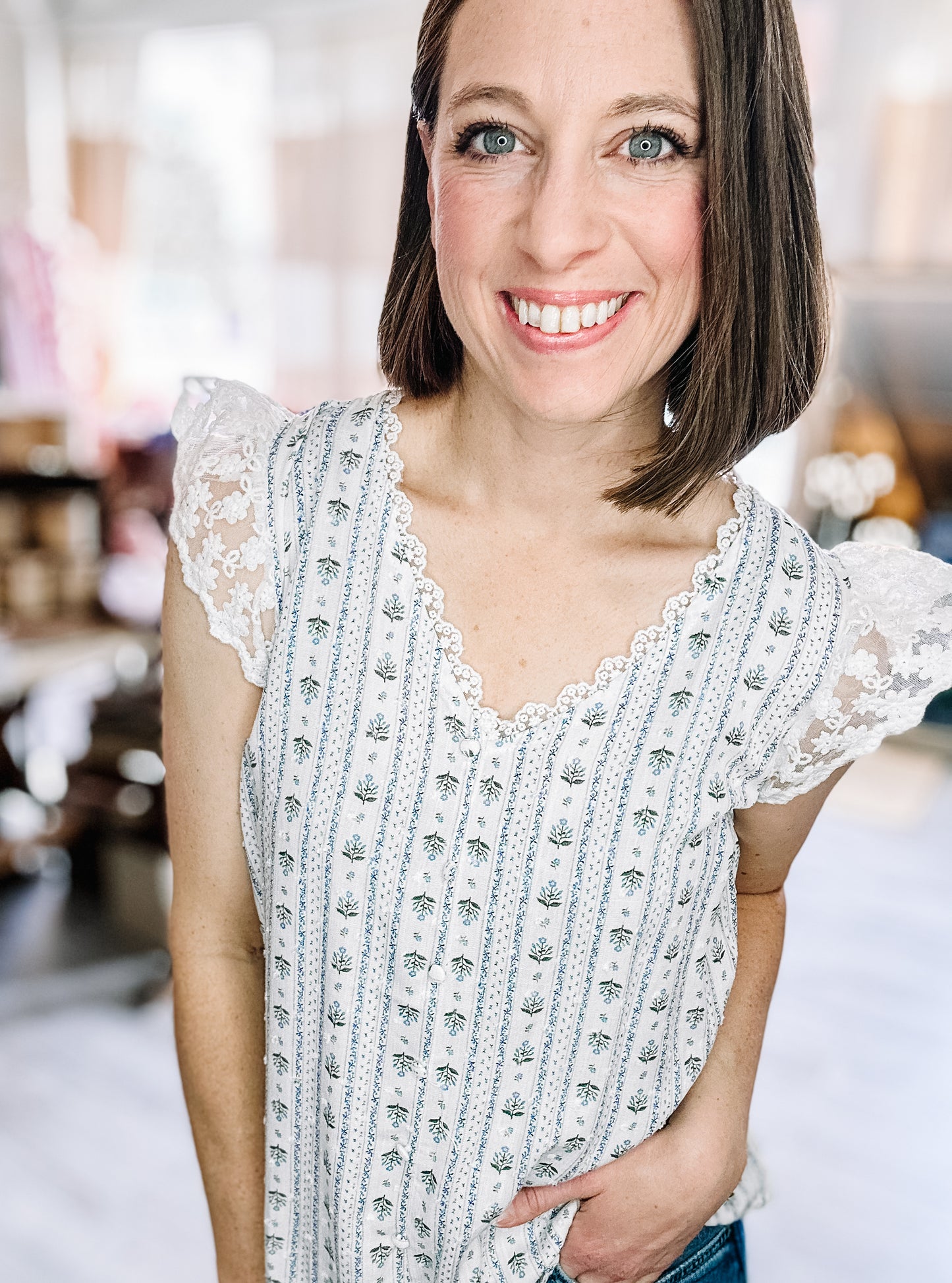 Stripe Floral V Neck Lace Trim Button Down in Blues