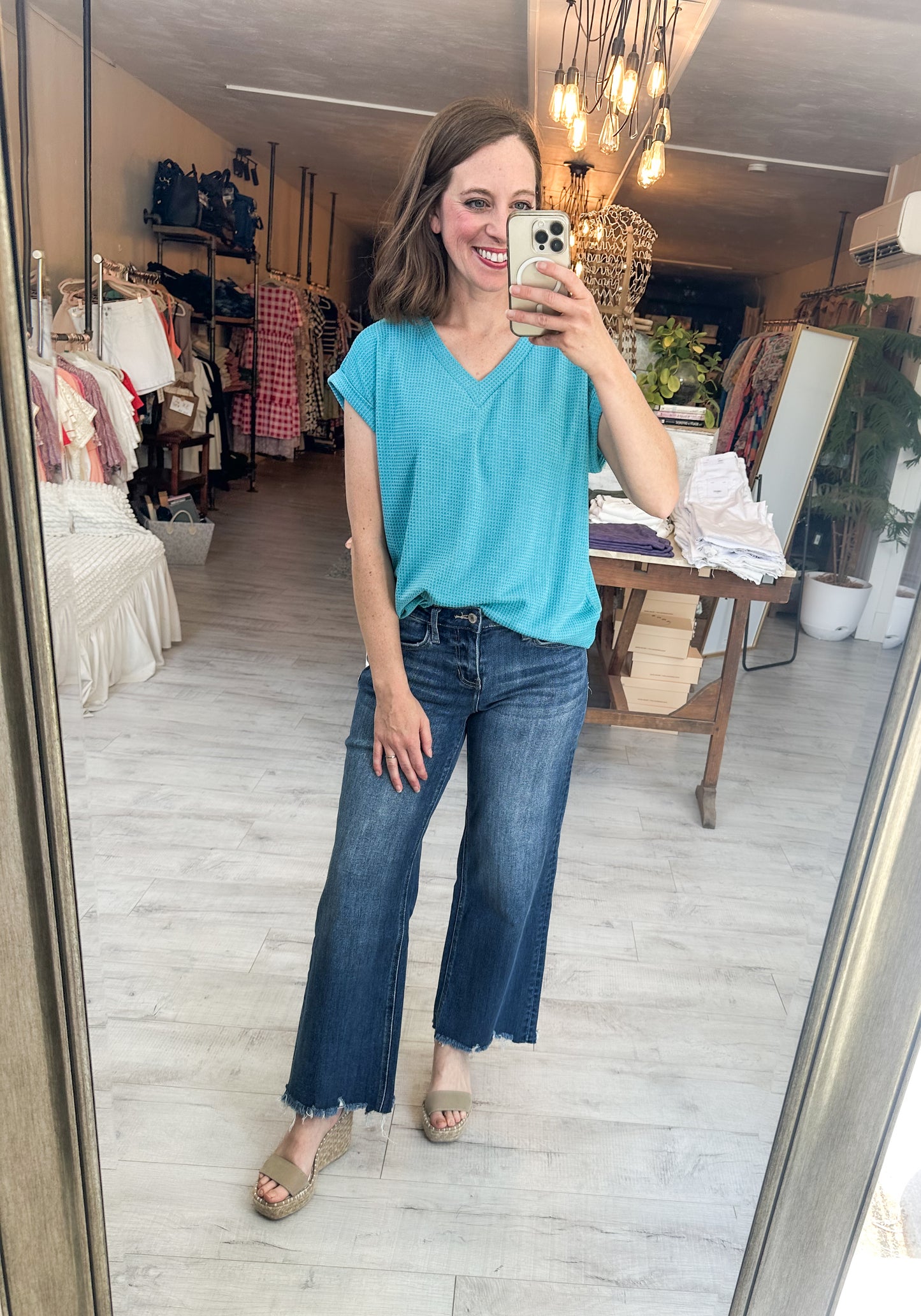 Two-Tone Dolman Sleeve Top in Teal