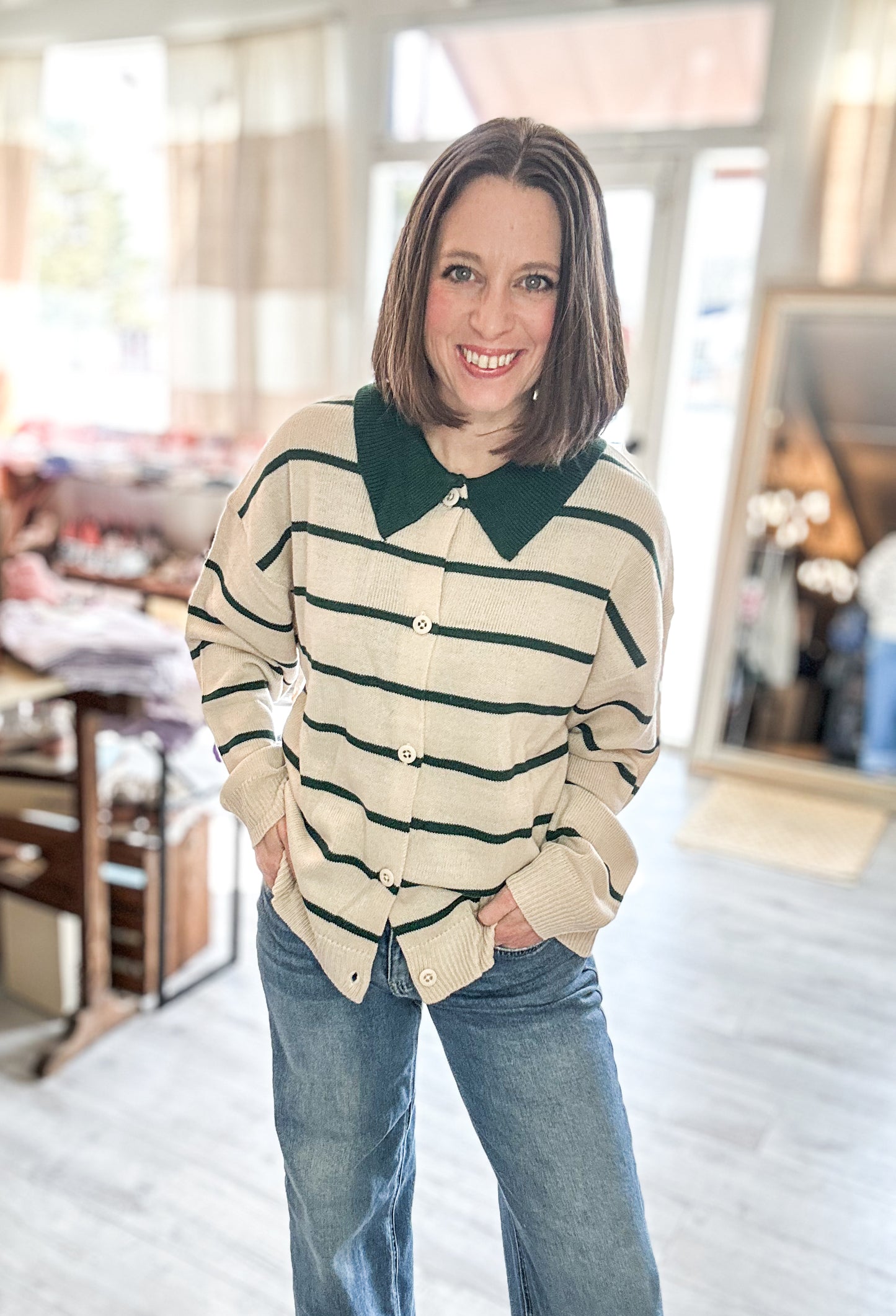 Oversized Button Down Striped Casual Sweater in Green