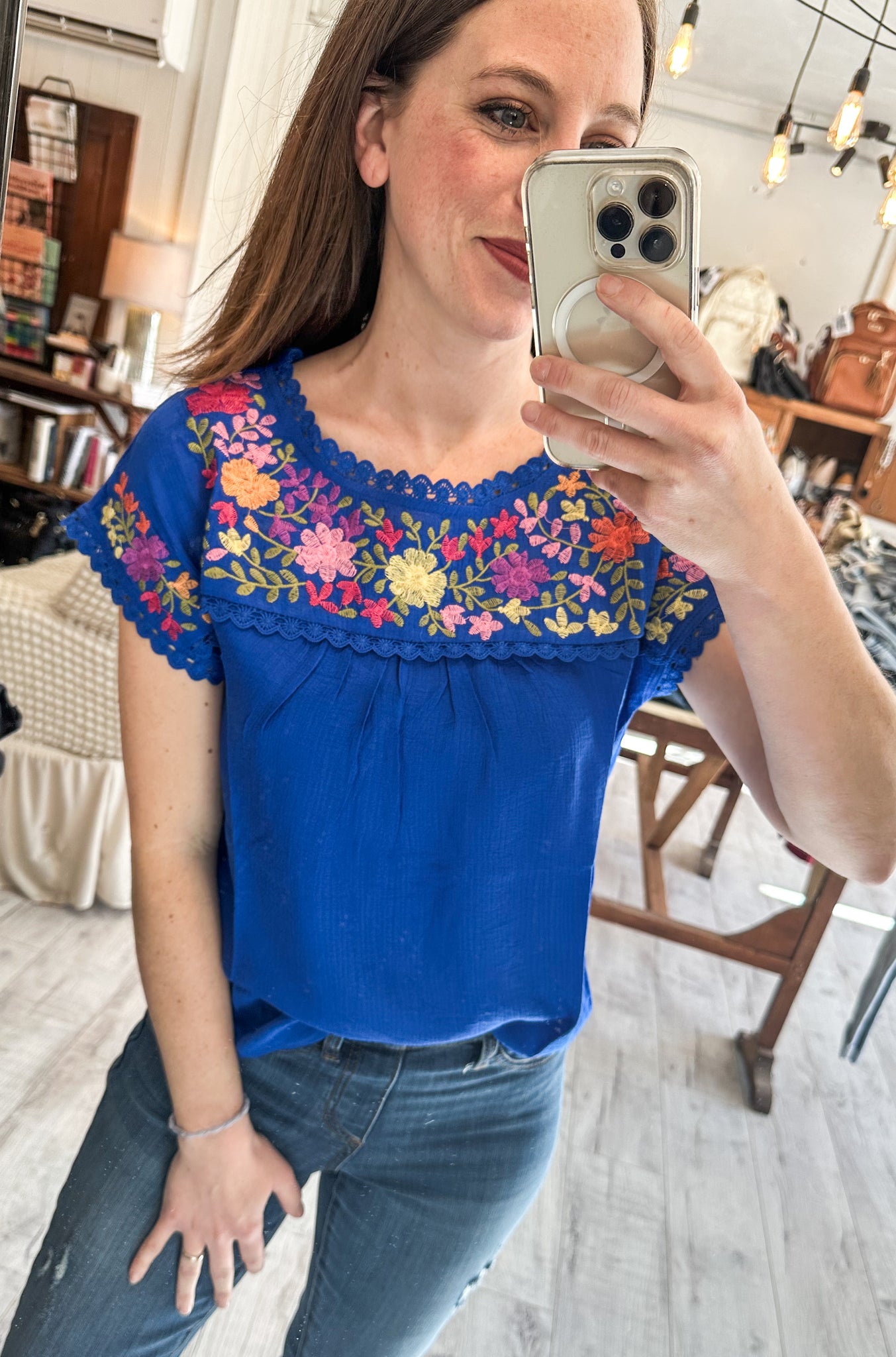Seas the Day Floral Embroidery Scallop Lace Blouse in Royal Blue