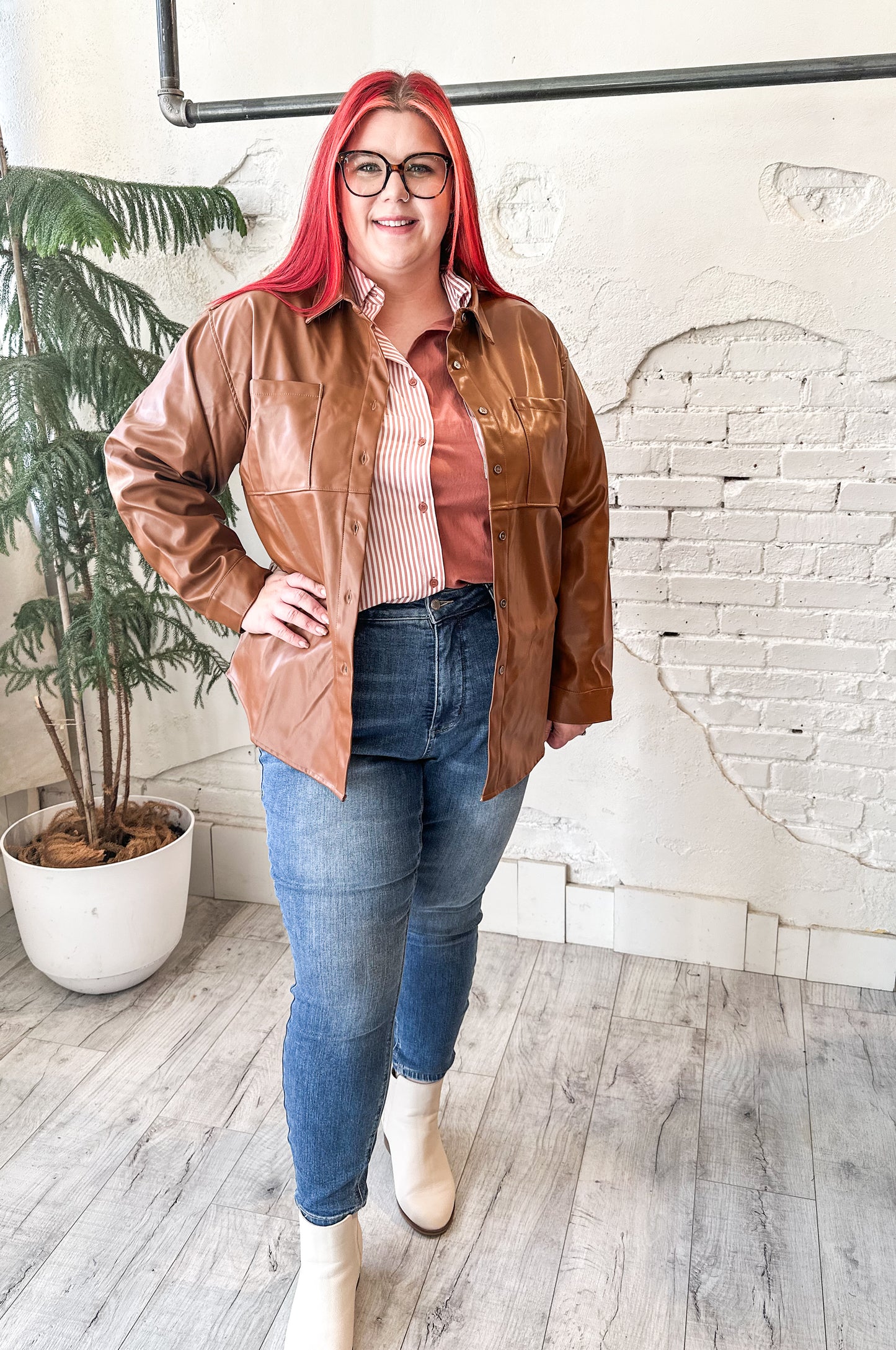 Faux Leather Button Down in Rich Cognac