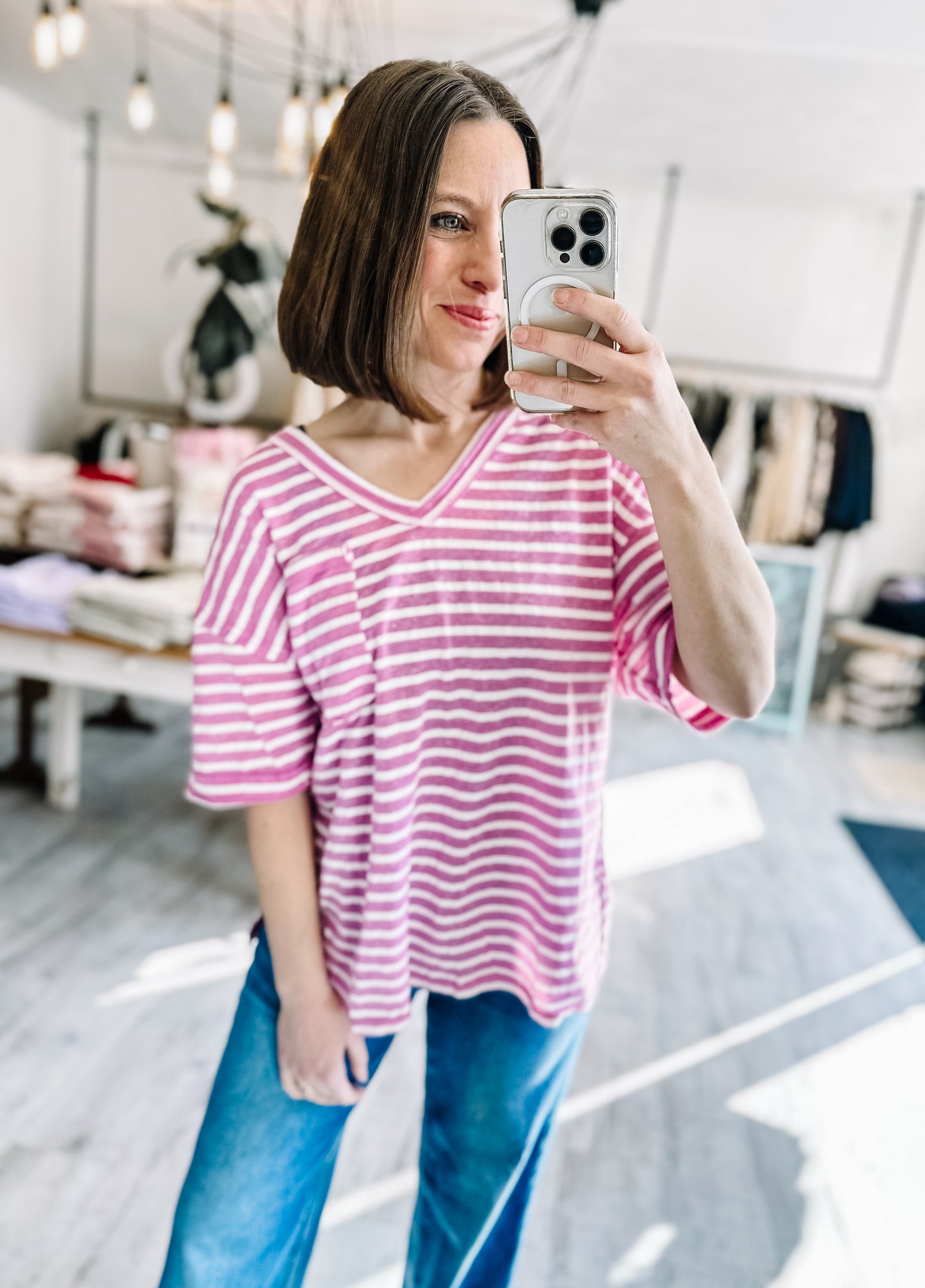 Oversized Stripe Casual V-Neck Knit Top in Orchid