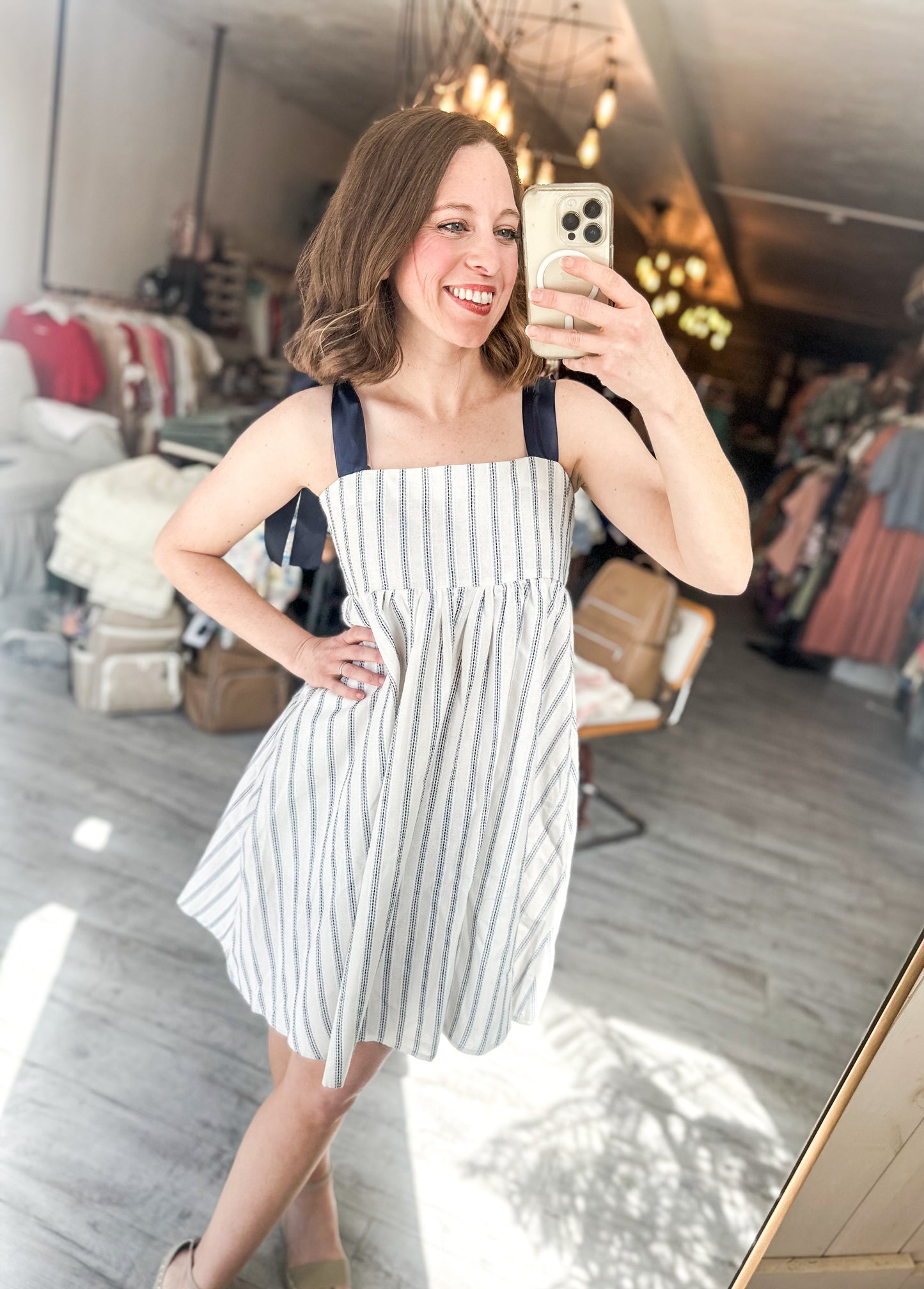 Striped Babydoll Dress with Ribbons Ties with Navy