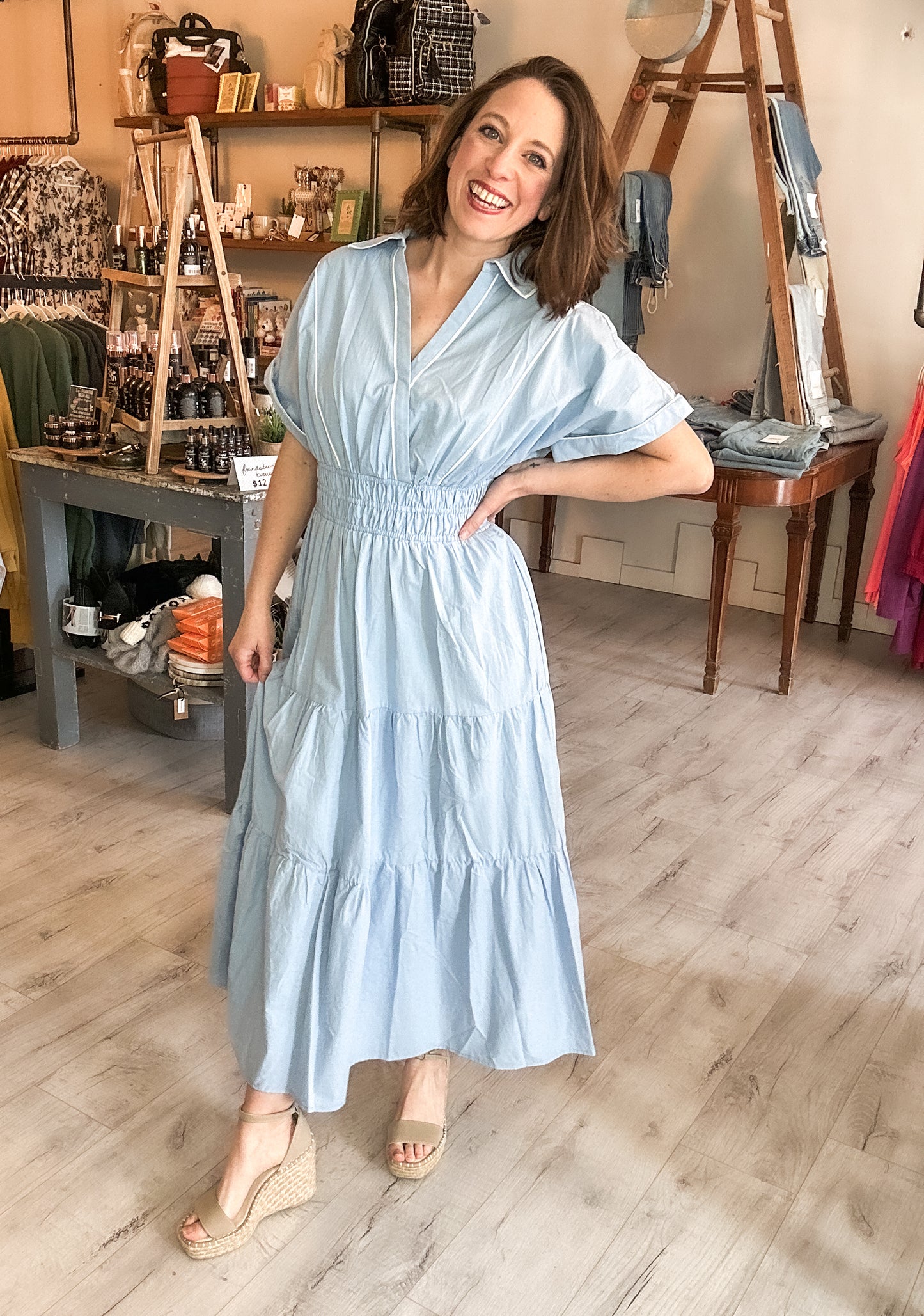 Piping Detail Tiered Layered Midi Dress in Light Blue