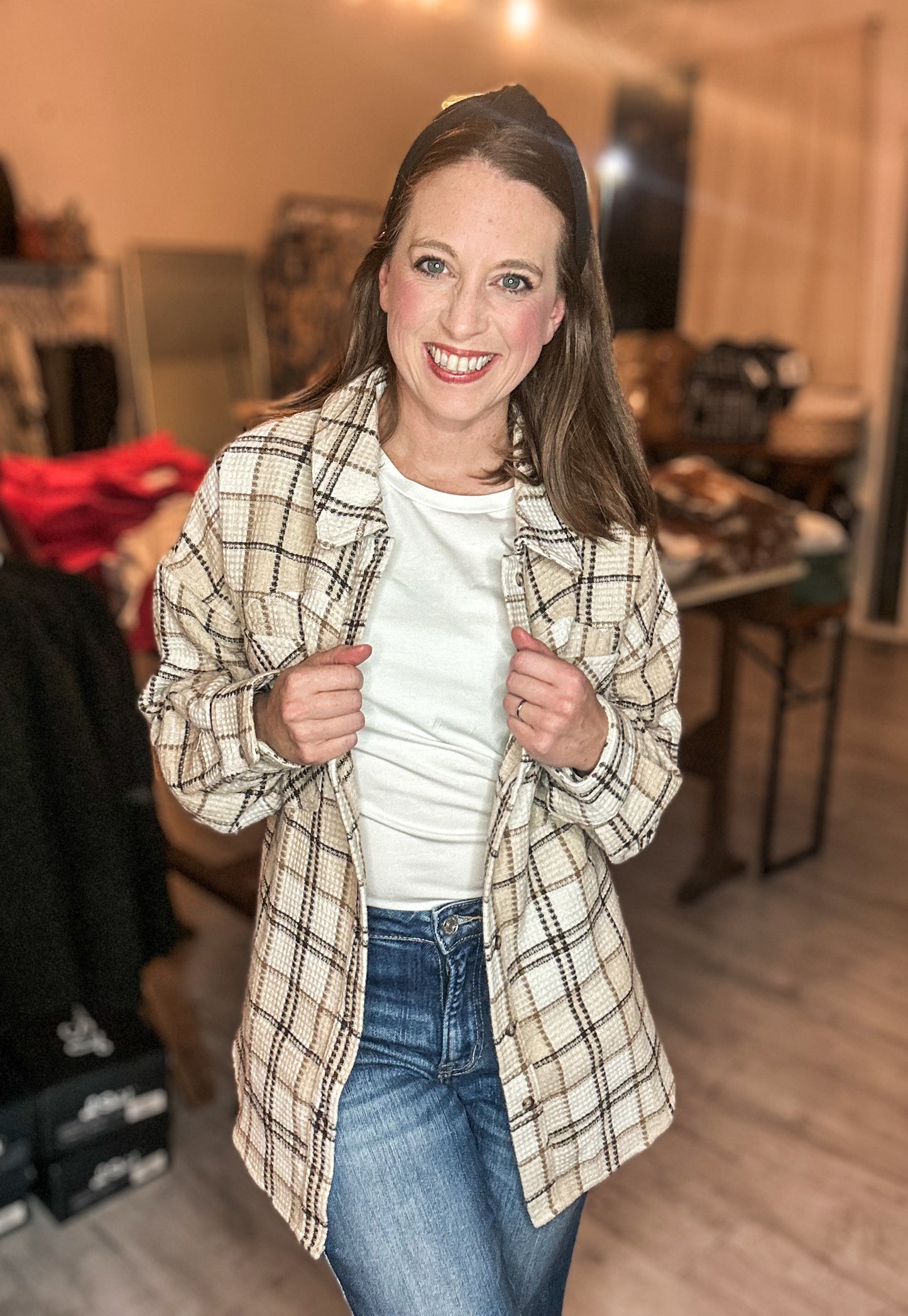Oversized Checkered Casual Shacket Jacket in Cream