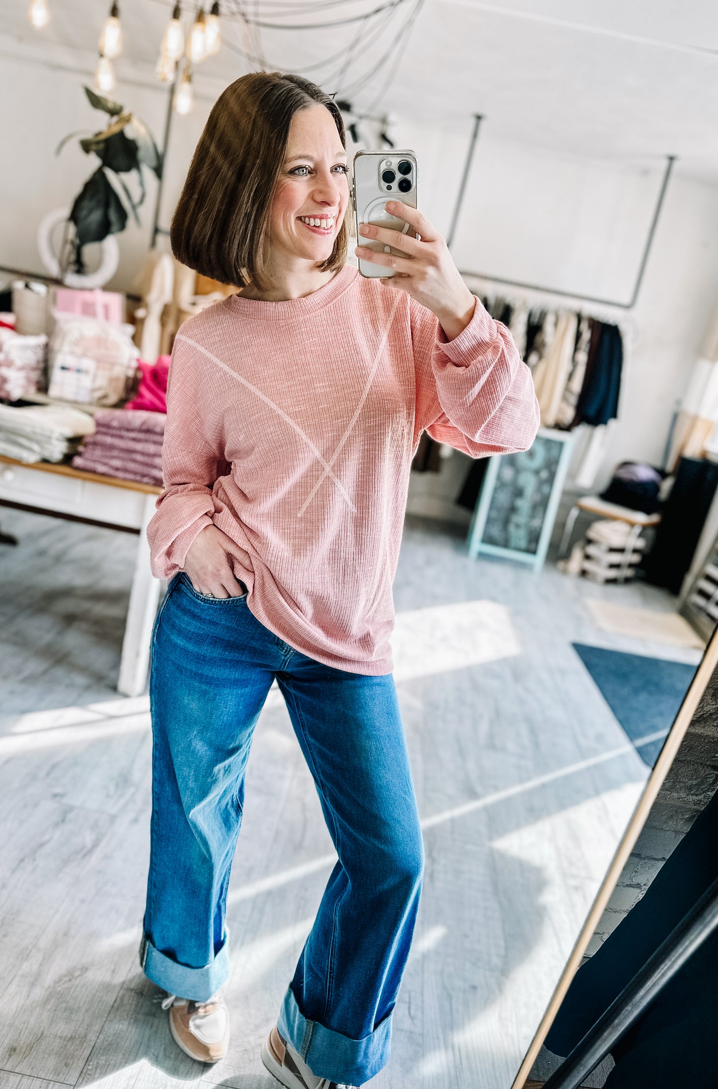 Ribbed Knit V Stitch Top in Mauve