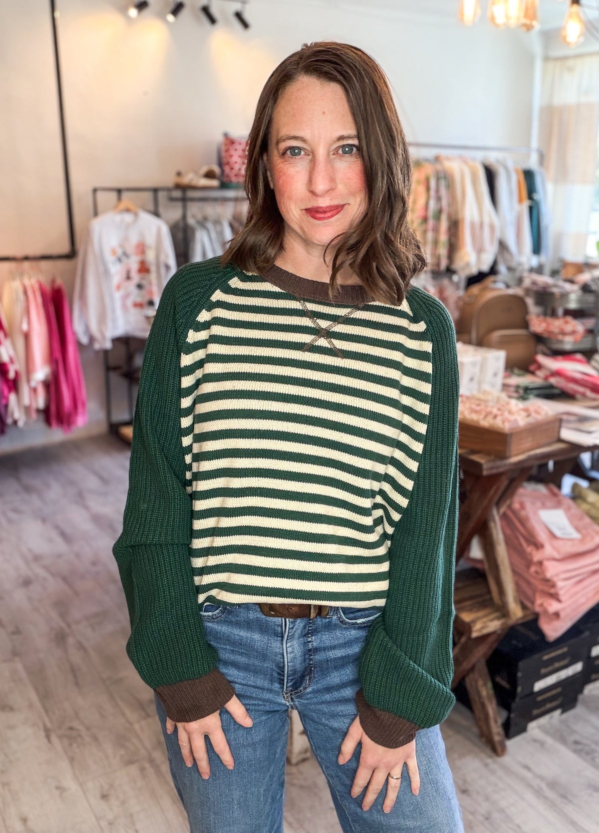 STRIPED COLORBLOCK RAGLAN LONG SLEEVE CREW SWEATER