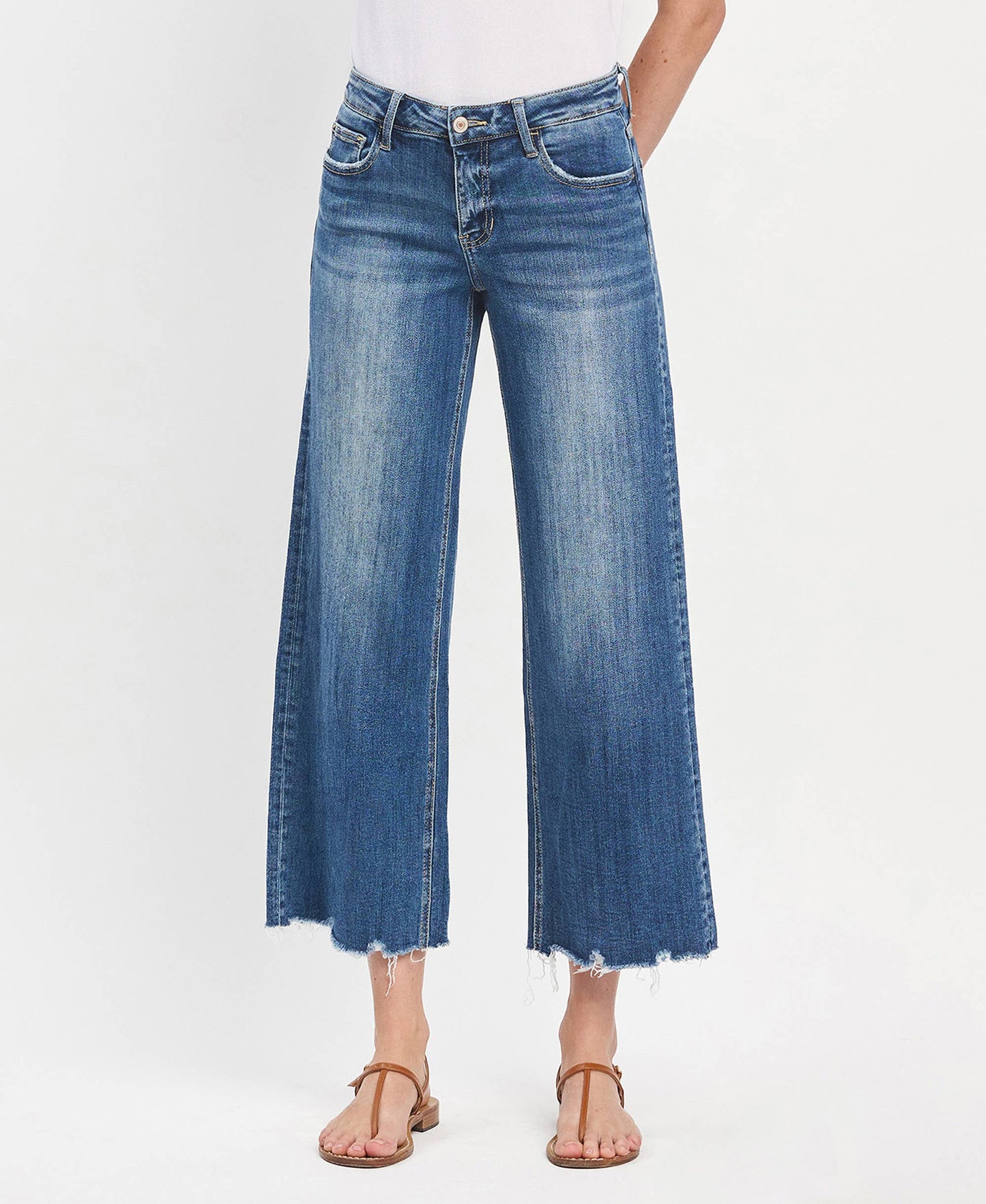 Mid Rise Raw Hem Medium Wash Wide Leg Denim by Lovervet