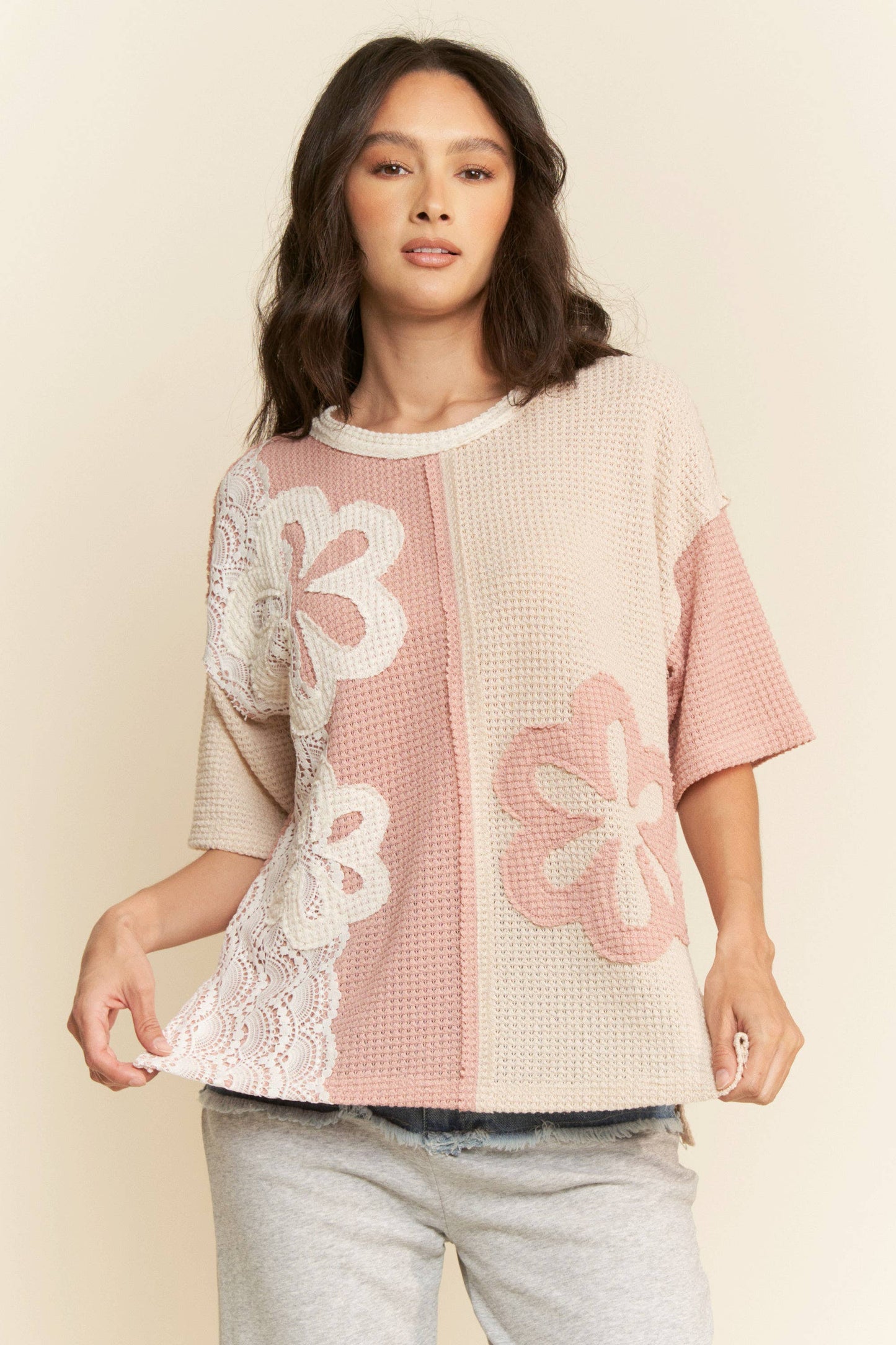 Patchwork Knit Pullover in Dusty Pink, Cream and Lace