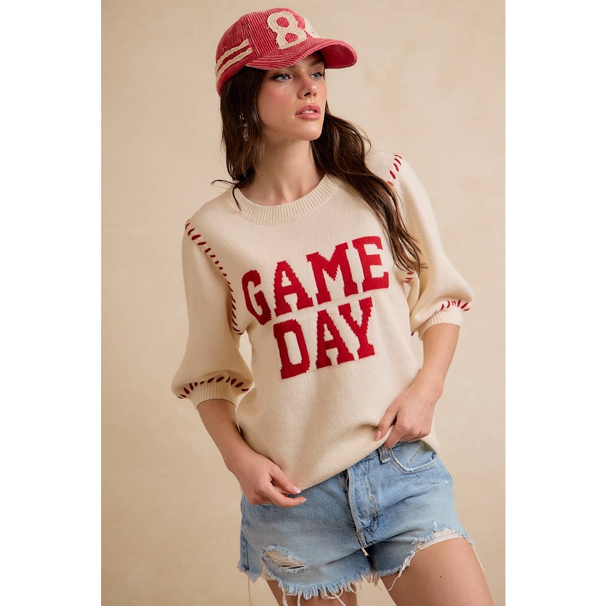 GAMEDAY THEME STITCH DETAIL PUFF SLEEVES KNIT TOP