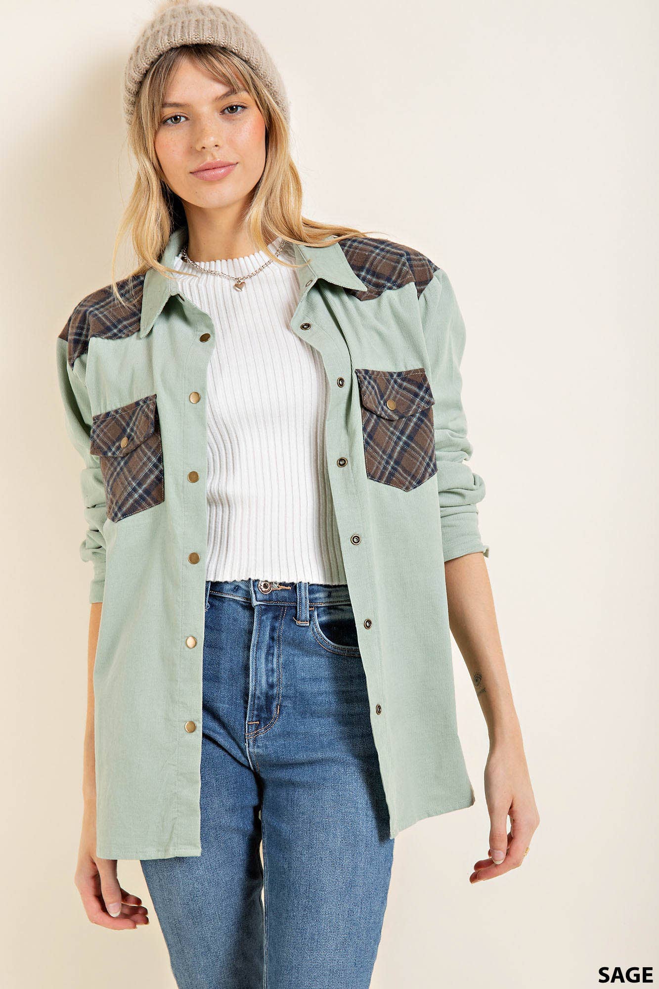 Corduroy Plaid Snap Western Top in Sage
