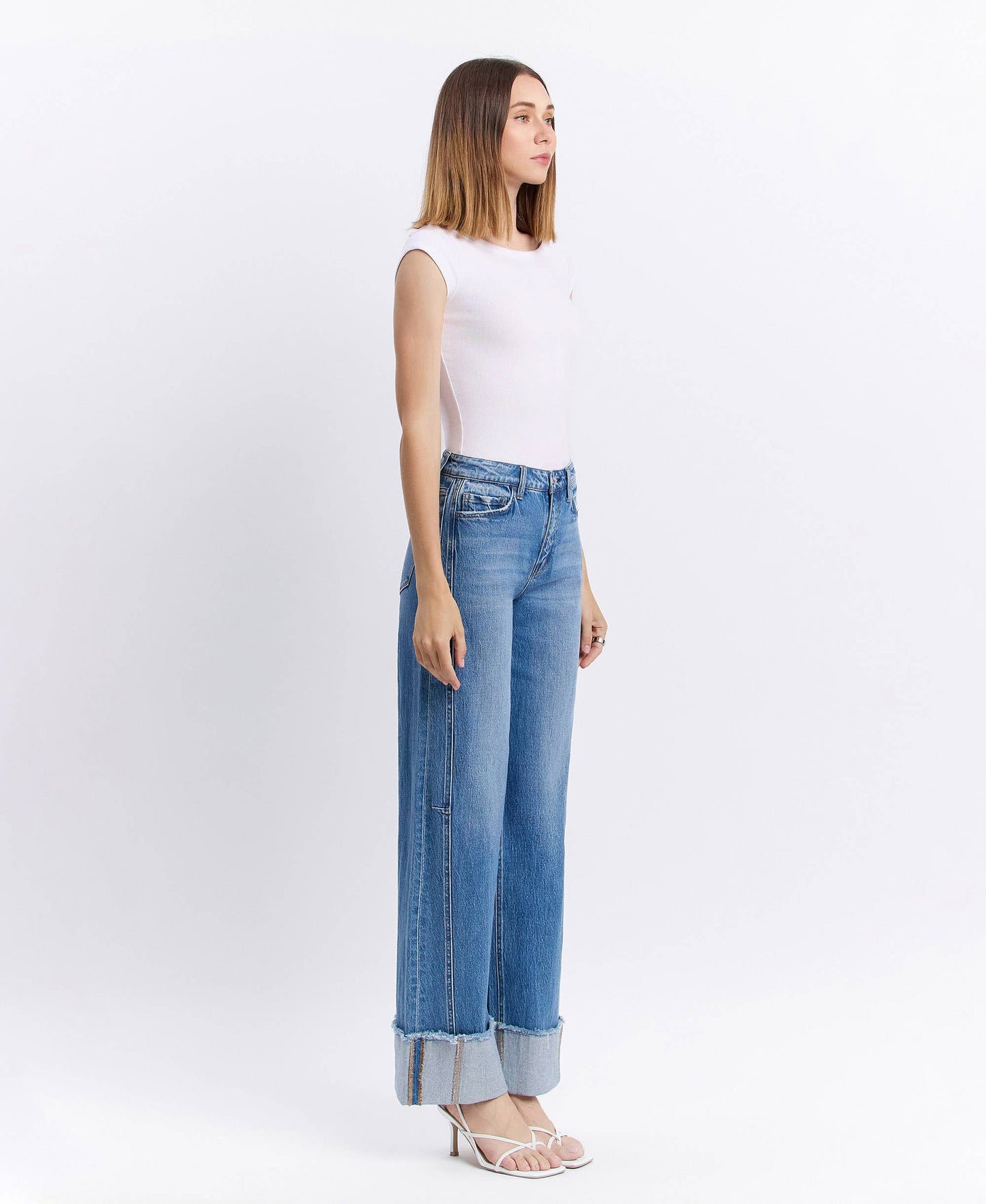 High Rise Cuffed Wide Leg Denim by Vervet with Detailed Seam