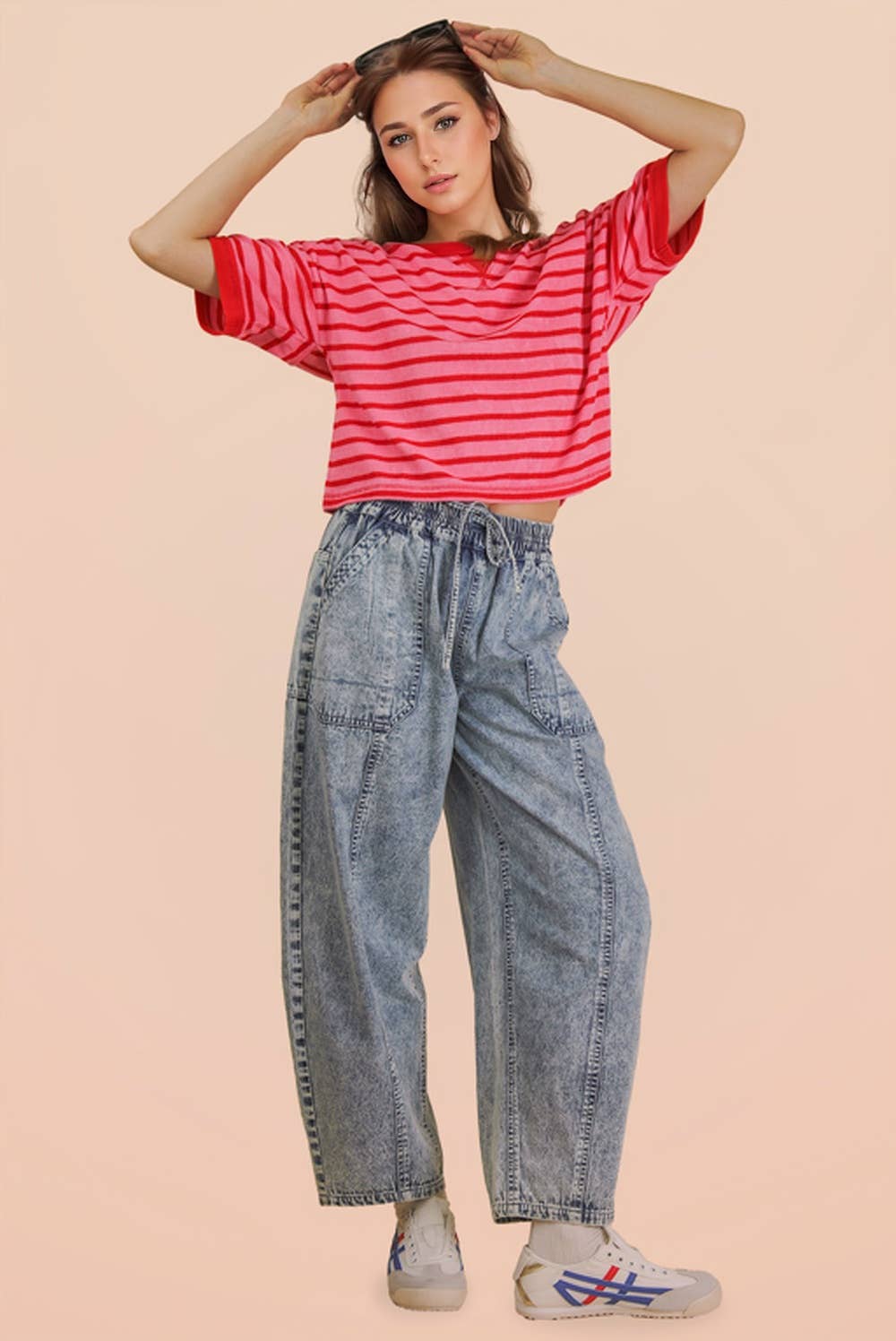 Oversized Stripe Casual Comfy Knit Top in Pink & Red