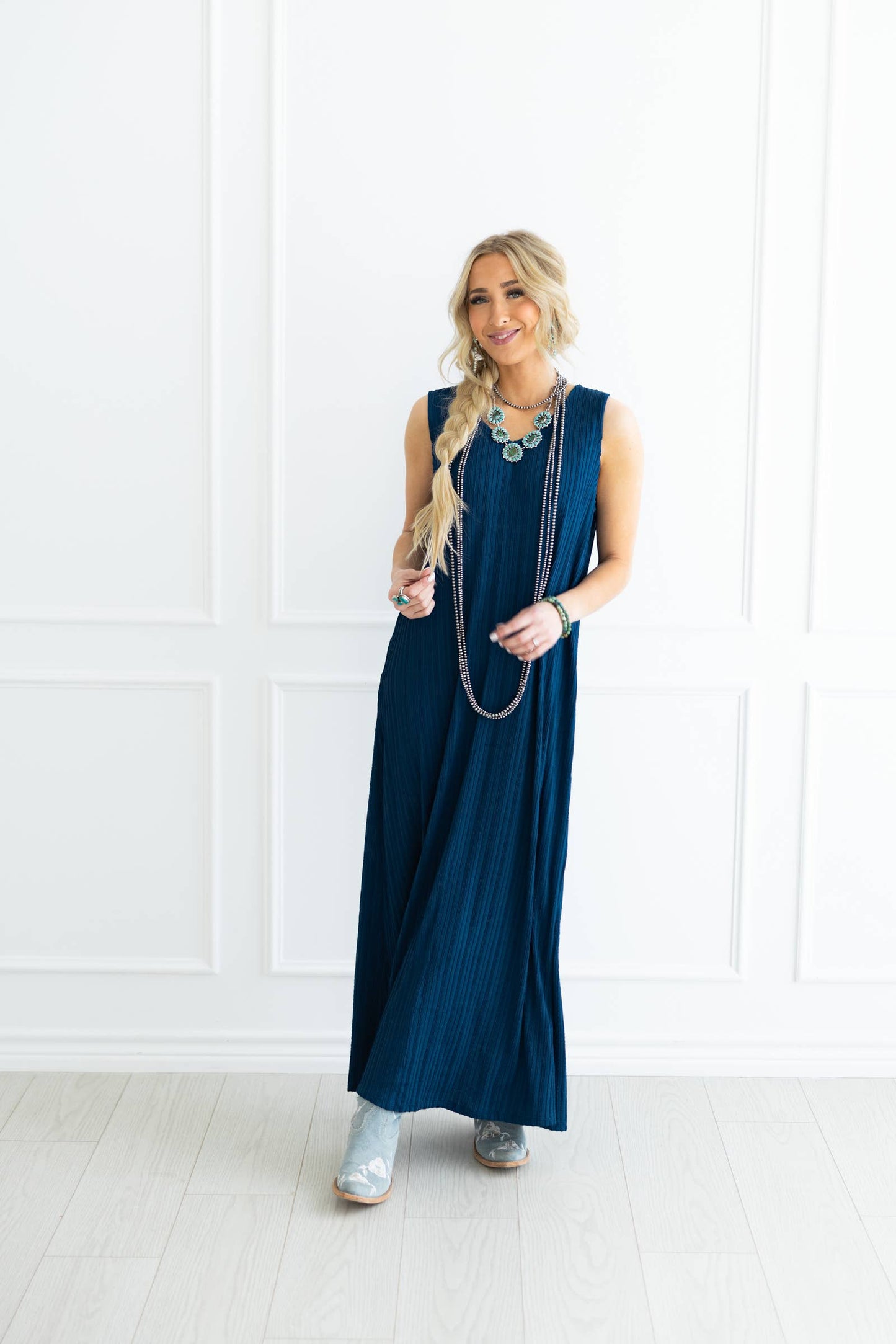 Side Slit Pleated Maxi Dress in Navy