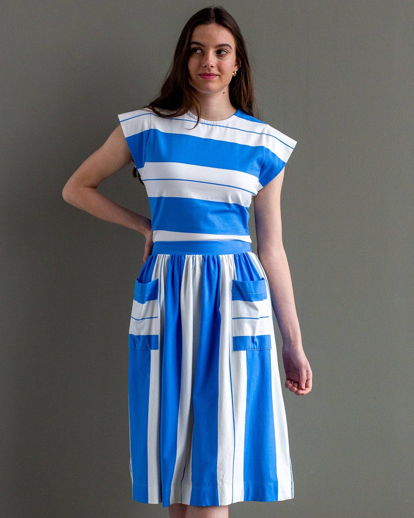 Palm Springs Bright Blue and White Striped Midi Knit Skirt