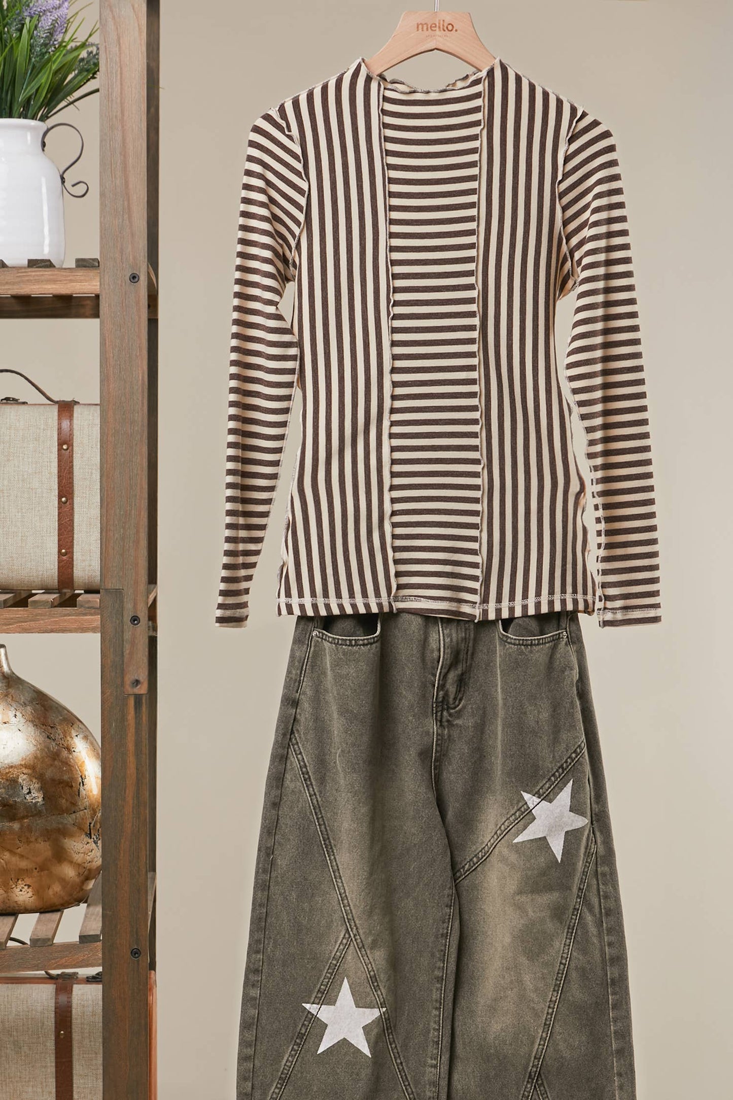 Asymmetrical Stripe Long Sleev Pullover in Brown