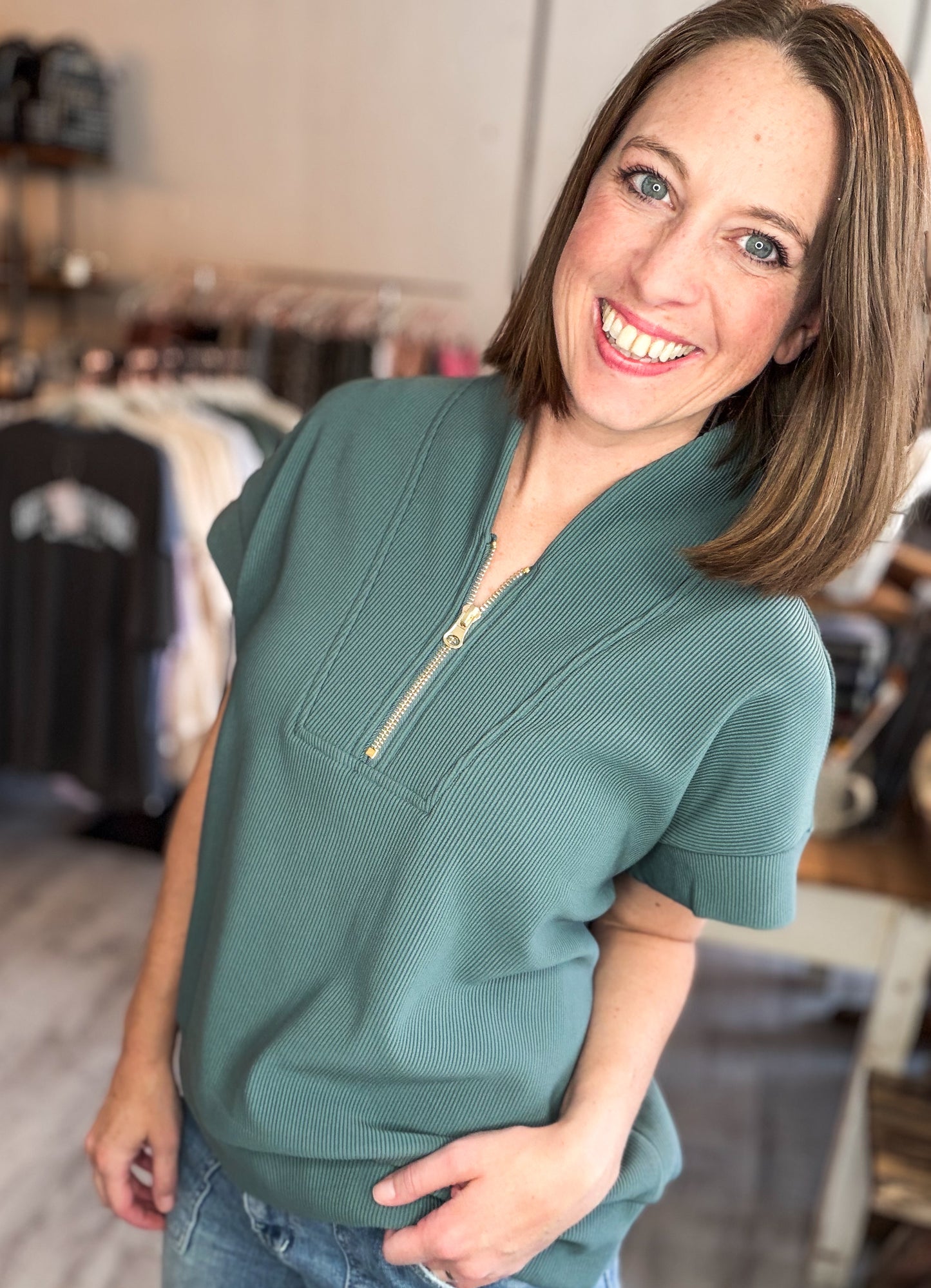 Ribbed High Neck Short Sleeve Top in Ash Jade