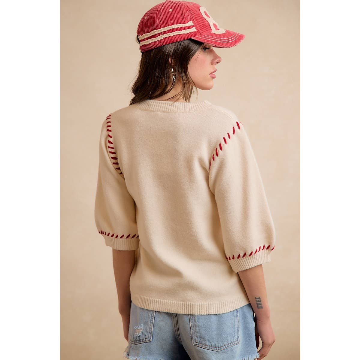 GAMEDAY THEME STITCH DETAIL PUFF SLEEVES KNIT TOP