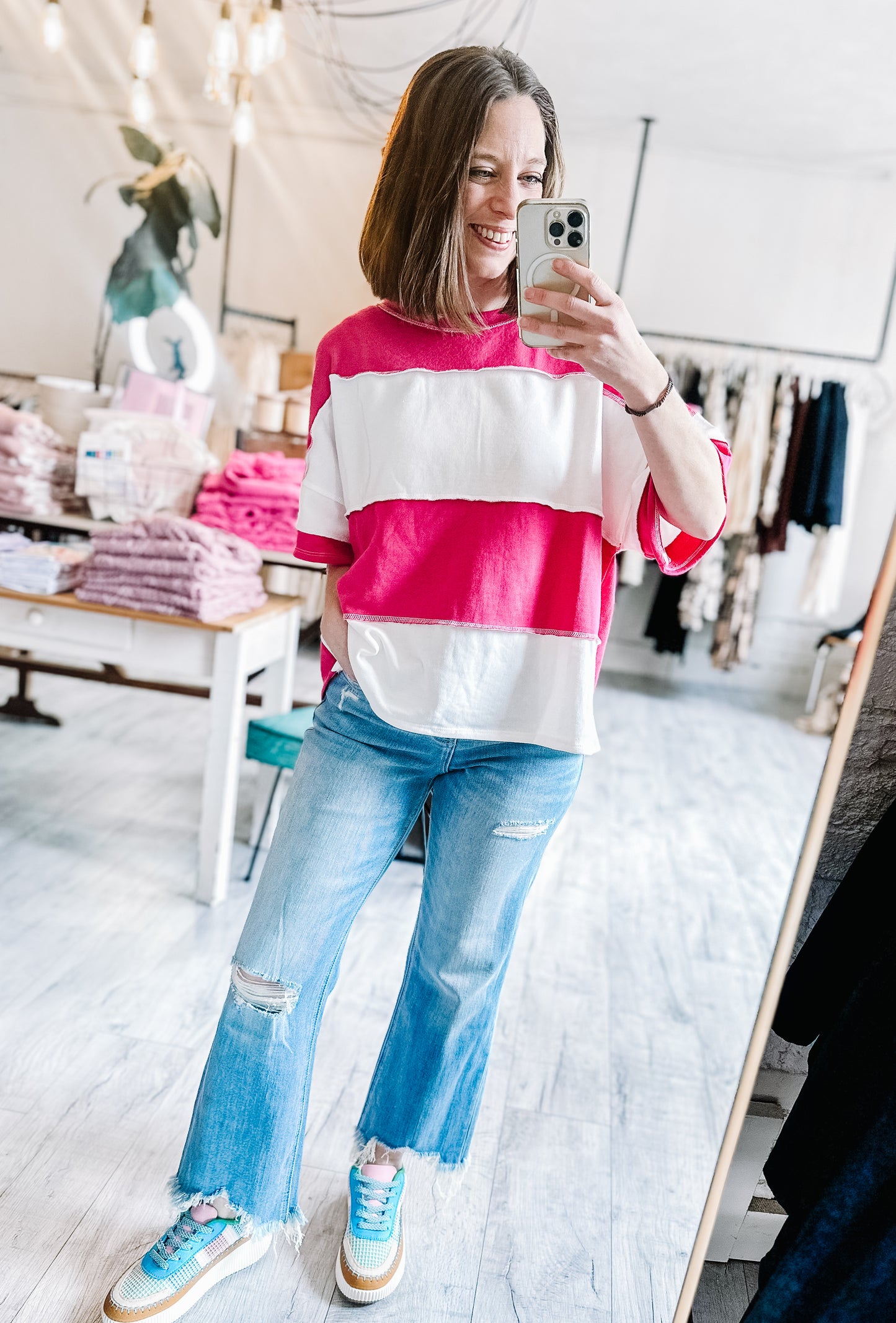 French Terry Color Block Exposed Seam Top