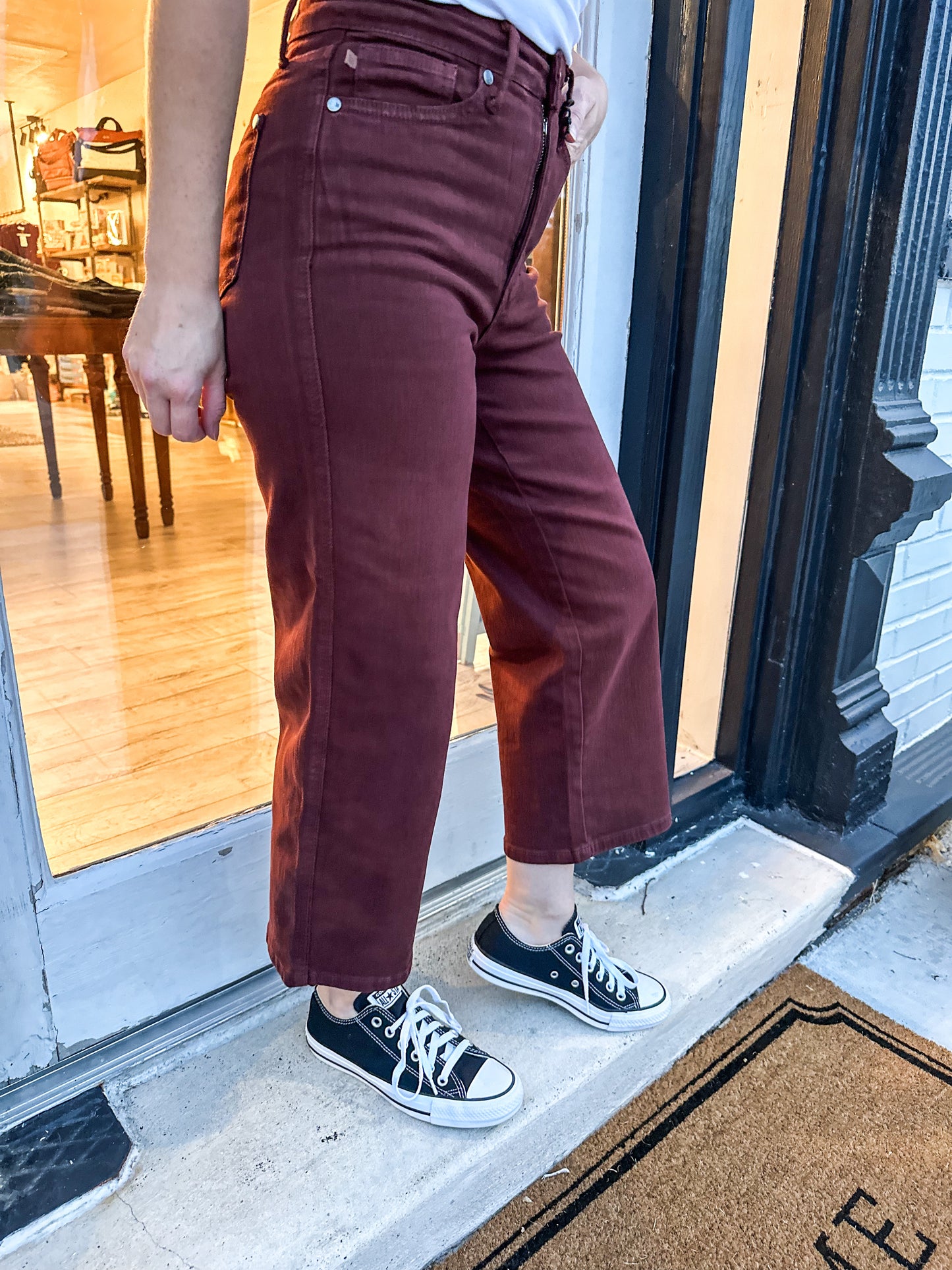 Tummy Control Wide Leg Crop Denim in Deep Red by Judy Blue