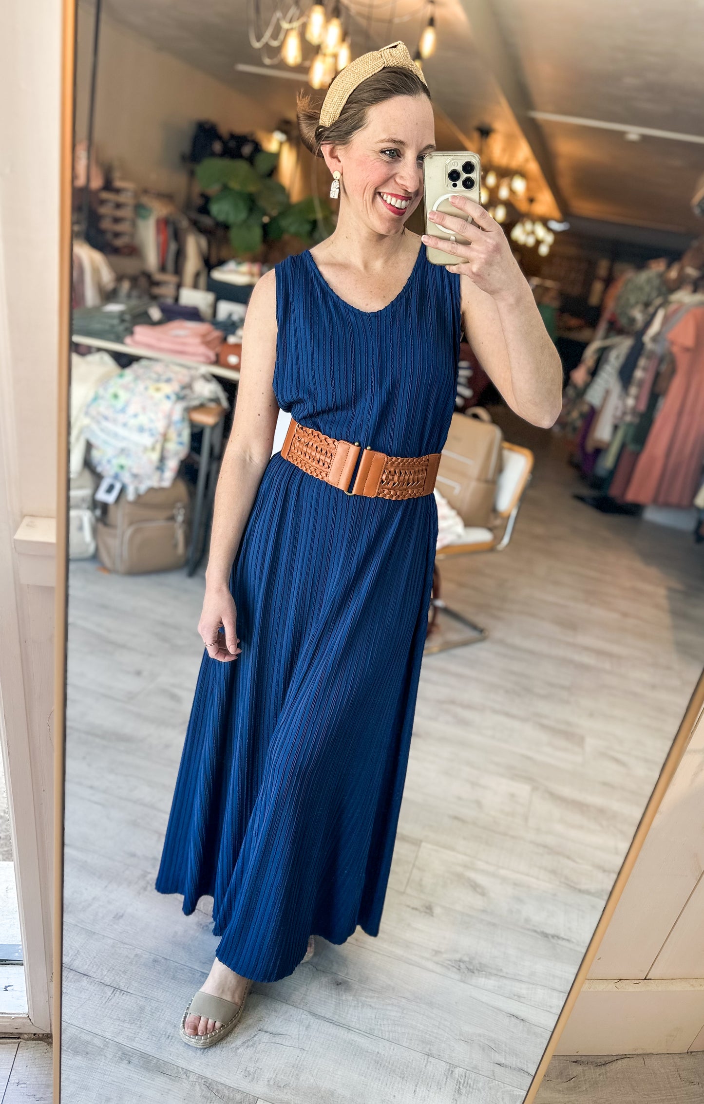 Side Slit Pleated Maxi Dress in Navy