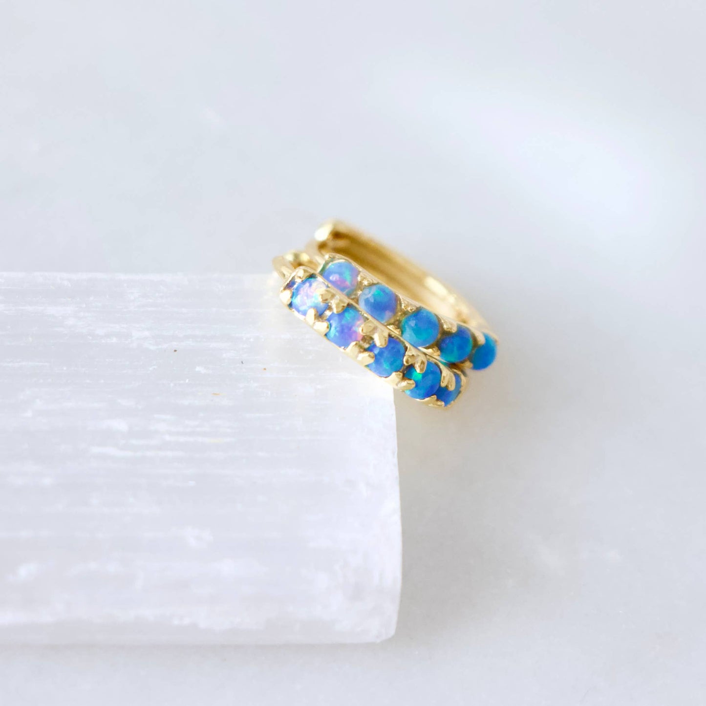 Blue Opal Huggie Hoop Earrings Hypoallergenic, Sterling Silv