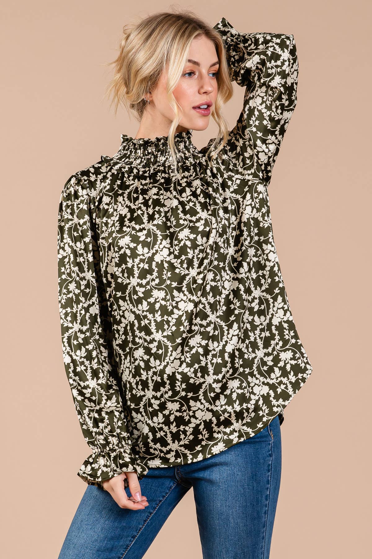 Boho Floral Print Top in Olive