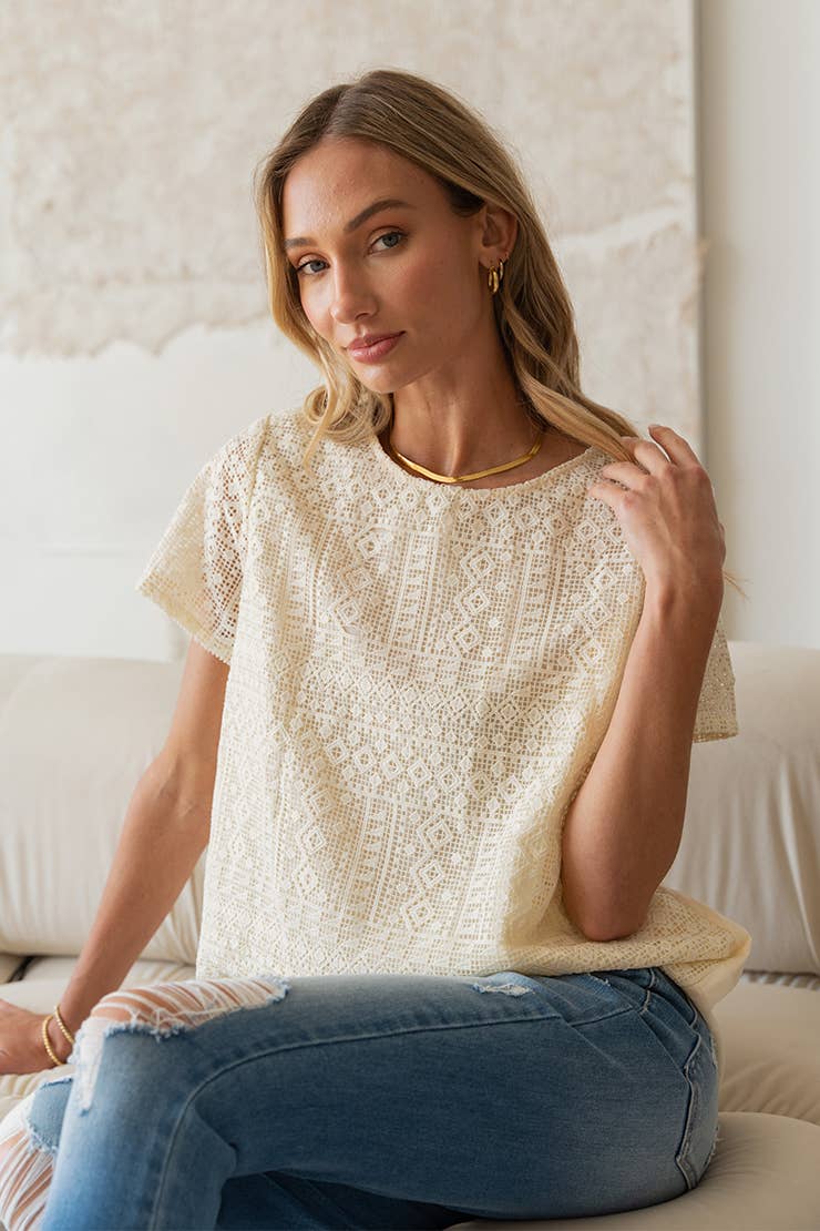 Smock Front Embroidery Short Sleeve Blouse in Natural