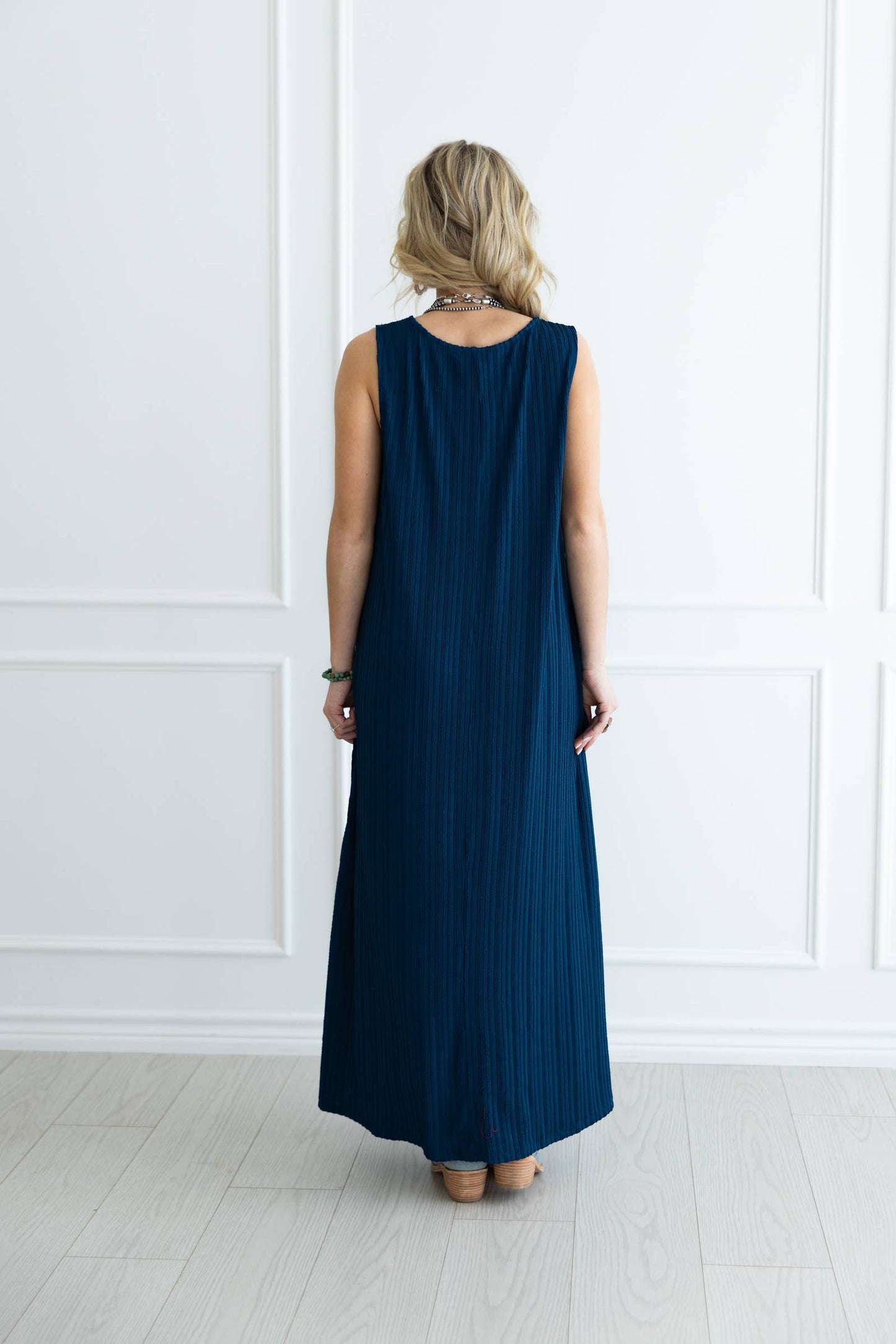 Side Slit Pleated Maxi Dress in Navy