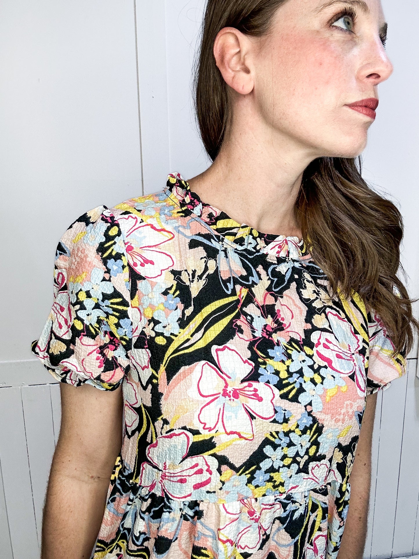 Always Be There Floral Ruffle Mock Neck Dress