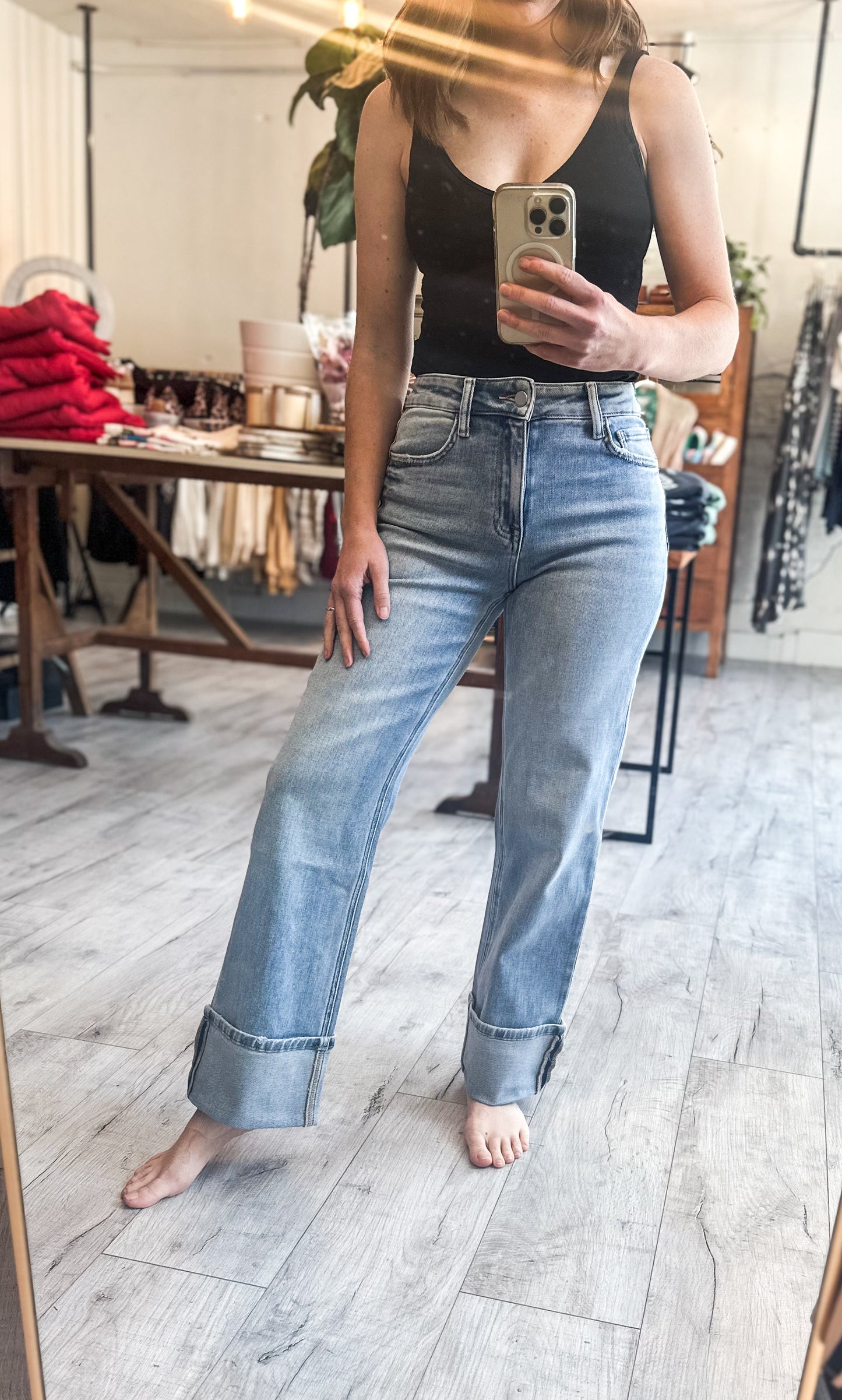 High Rise Medium Light Wash Cuffed Slim Wide Leg by Flying Monkey