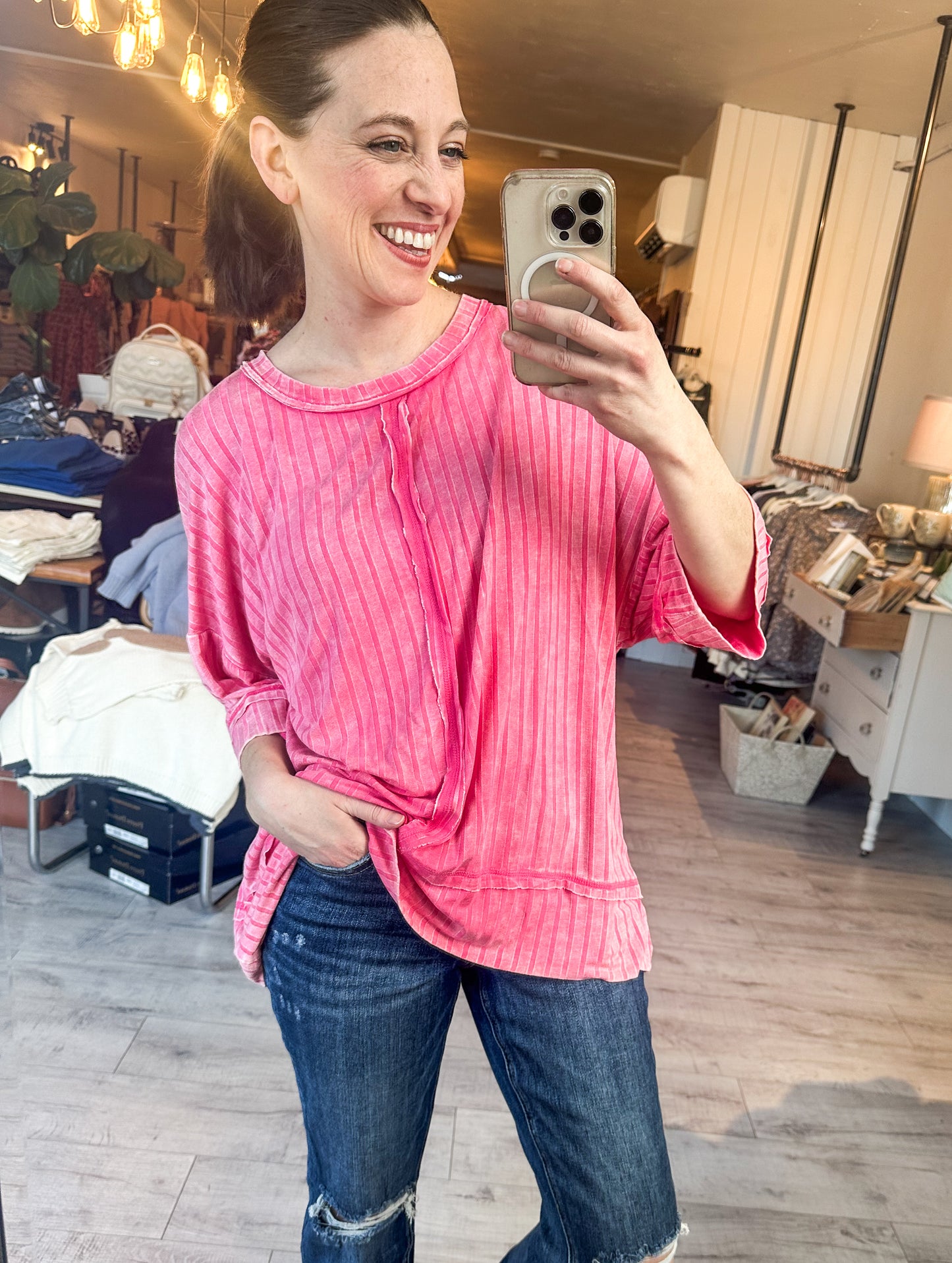 Ribbed Drop Shoulder Boat-Neck Top