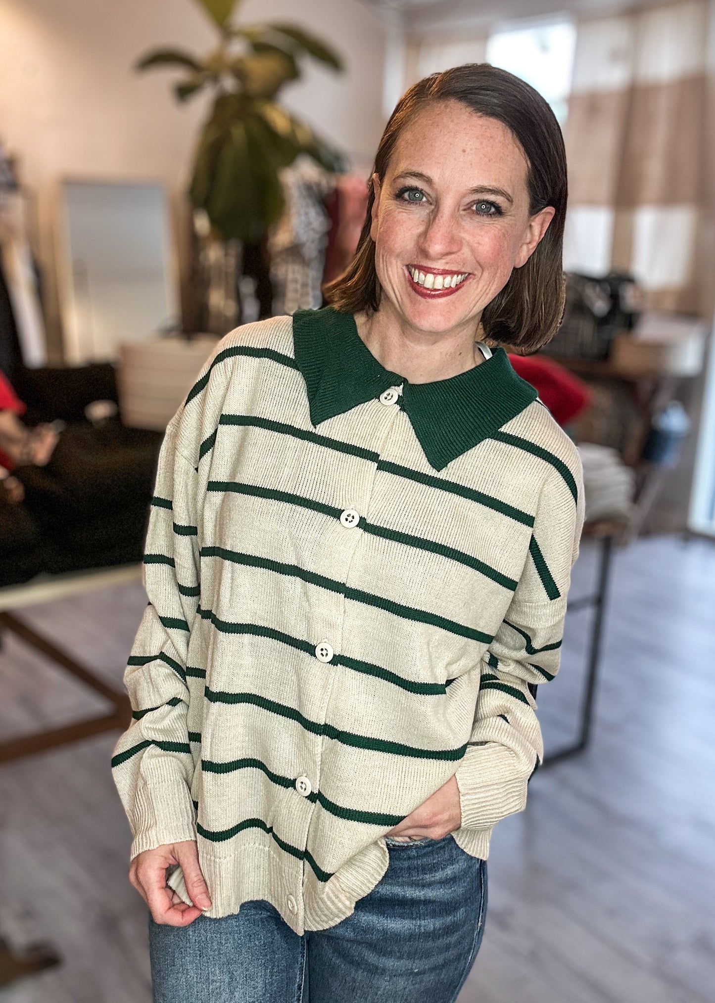 Oversized Button Down Striped Casual Sweater in Green