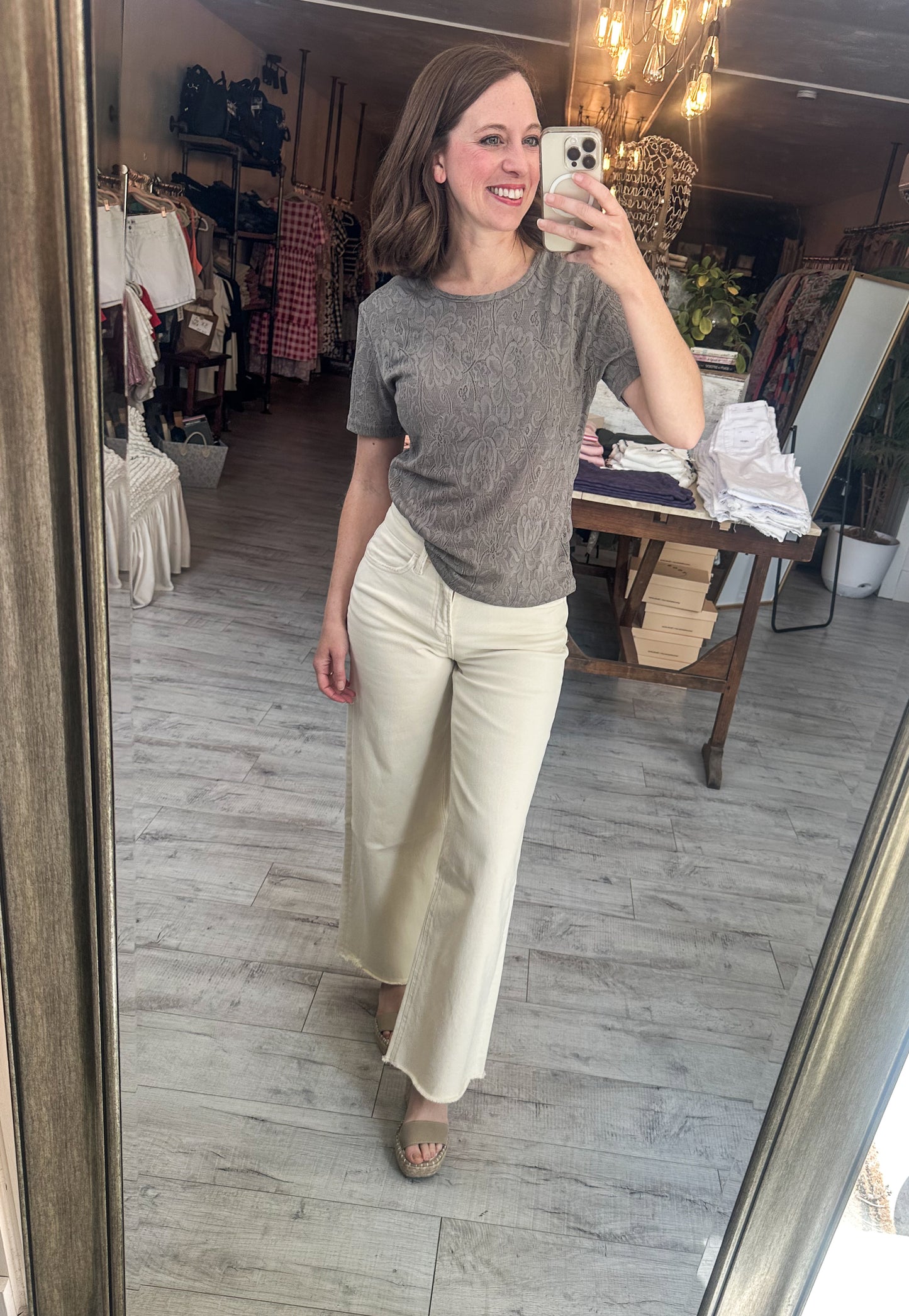 High Rise Raw Hem Ankle Wide Leg Denim in Off White by Lovervet