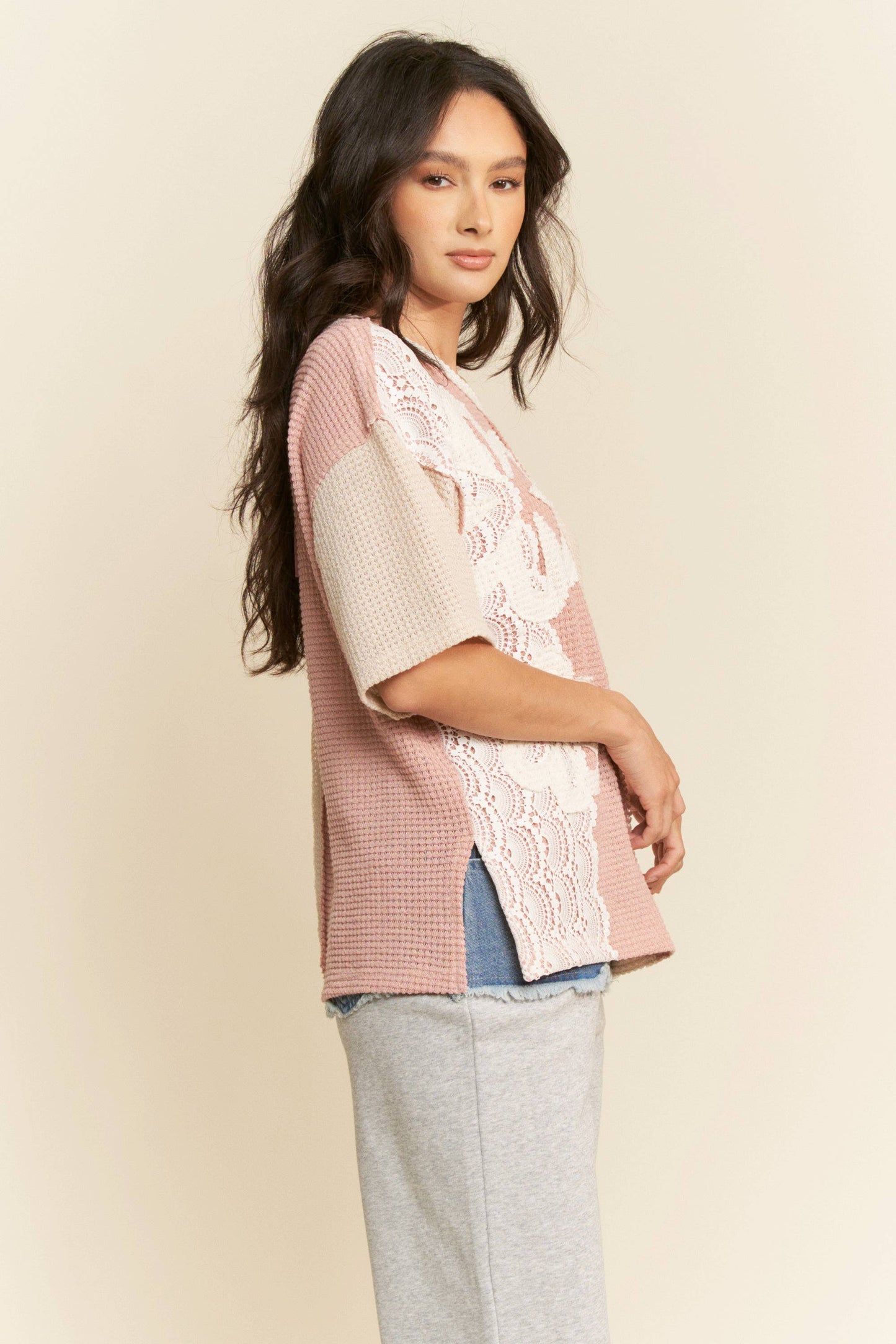 Patchwork Knit Pullover in Dusty Pink, Cream and Lace