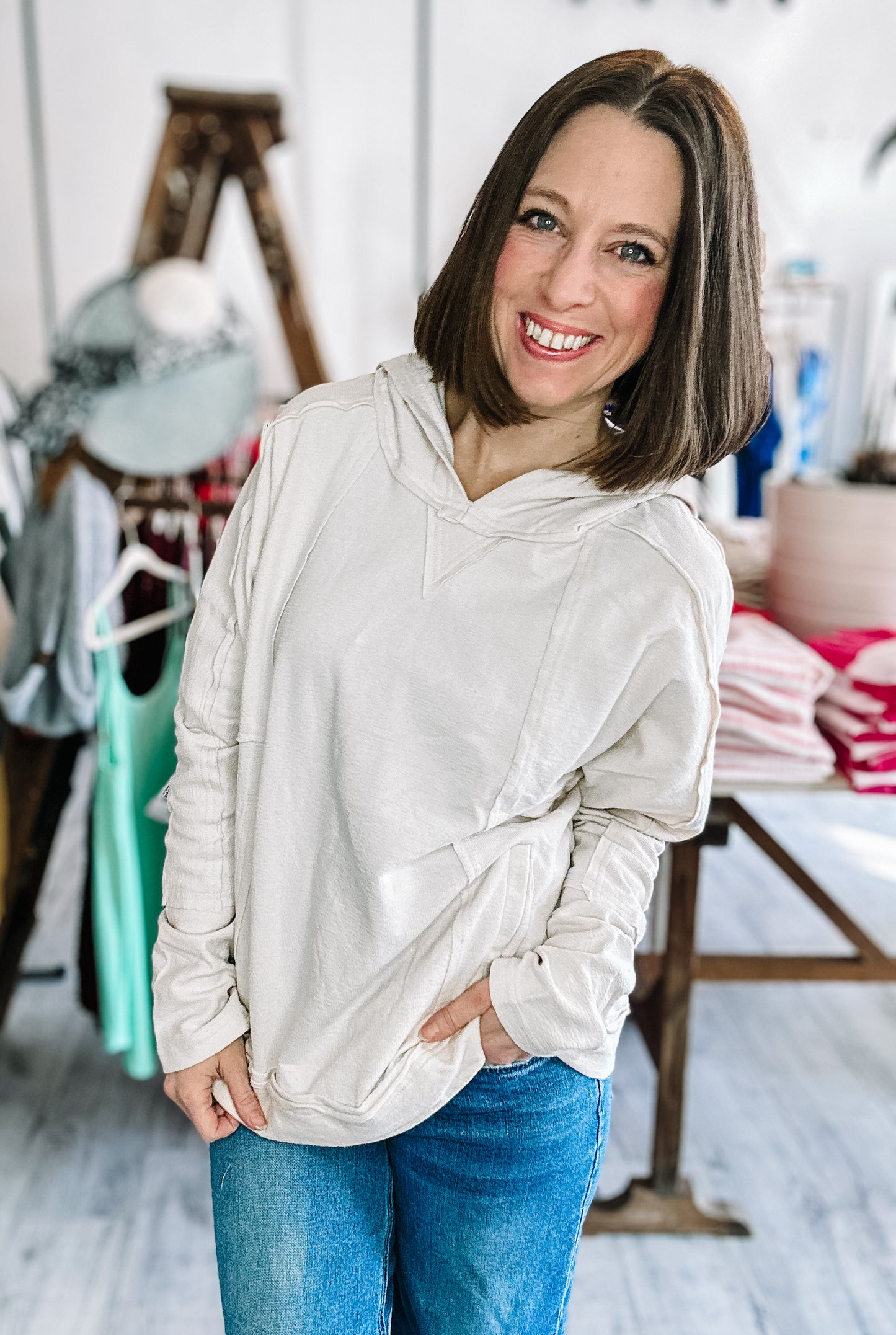 Raw Edge Cute Detail Hoodie Knit Top in Oatmeal