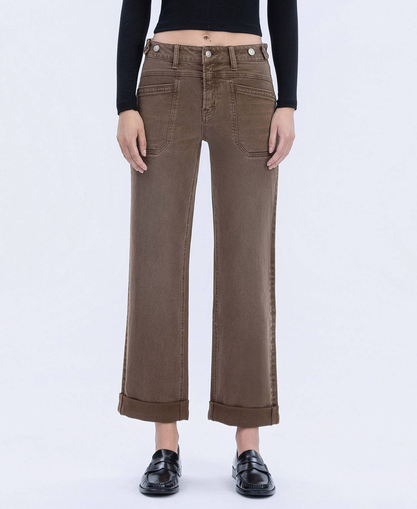 High Rise Tabbed Slim Wide Denim in Coffee by Flying Monkey