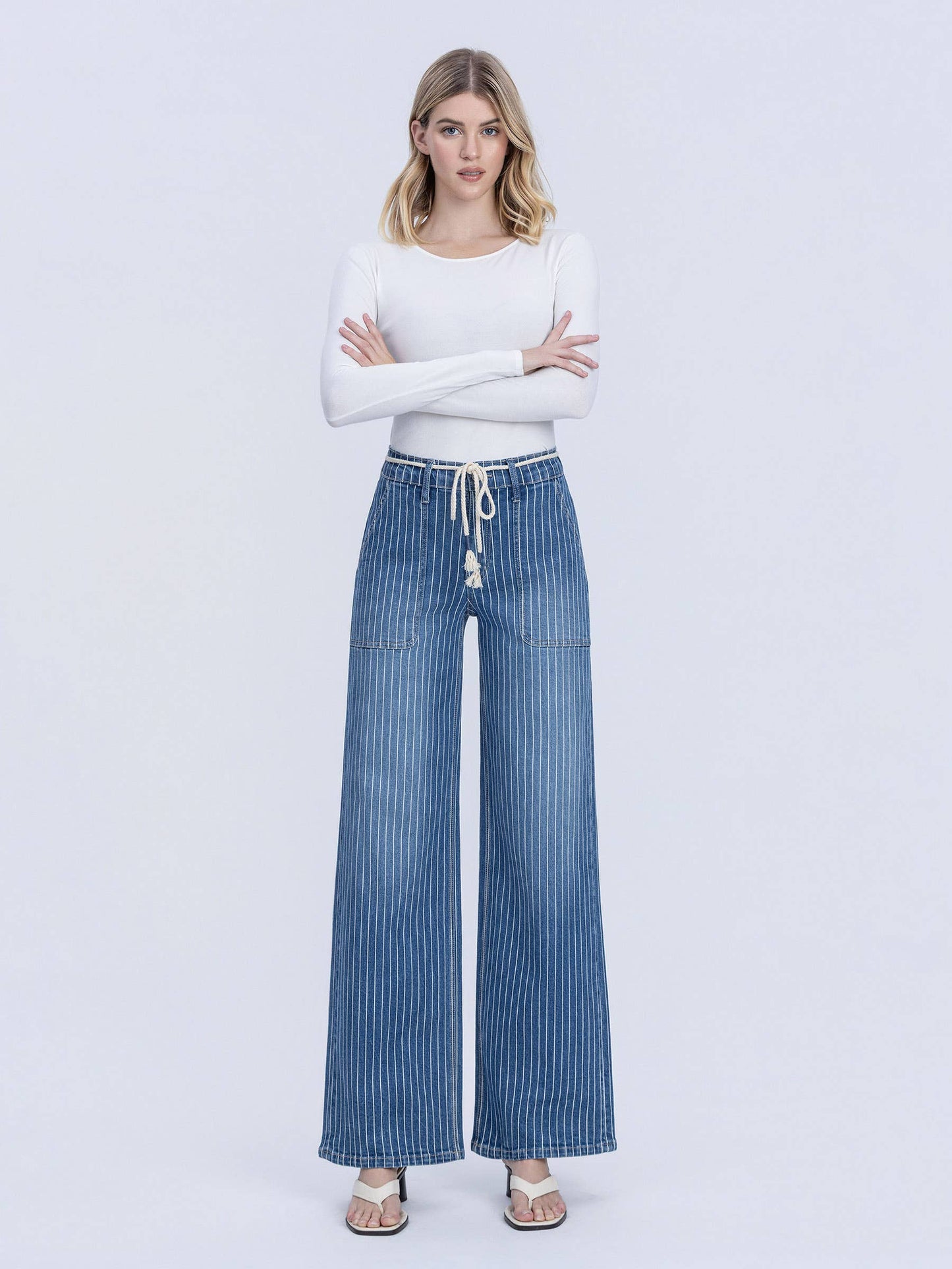 High Rise Drawcord Stripe Wide Denim by Lovervet